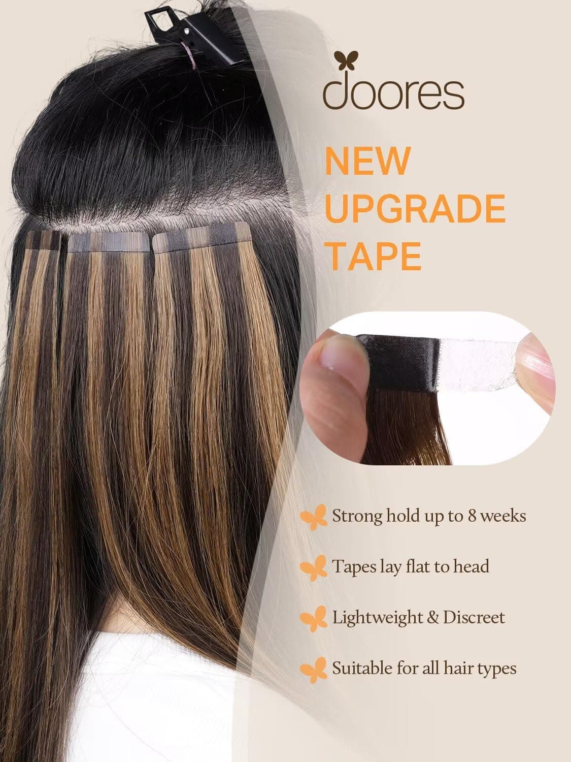 DOORES Human Hair Extensions Tape in, Balayage Walnut Brown to Ash Brown and Bleach Blonde, 18 Inch 20pcs 50g, Tape in Hair Extensions Silky Straight Soft Weft — view 5
