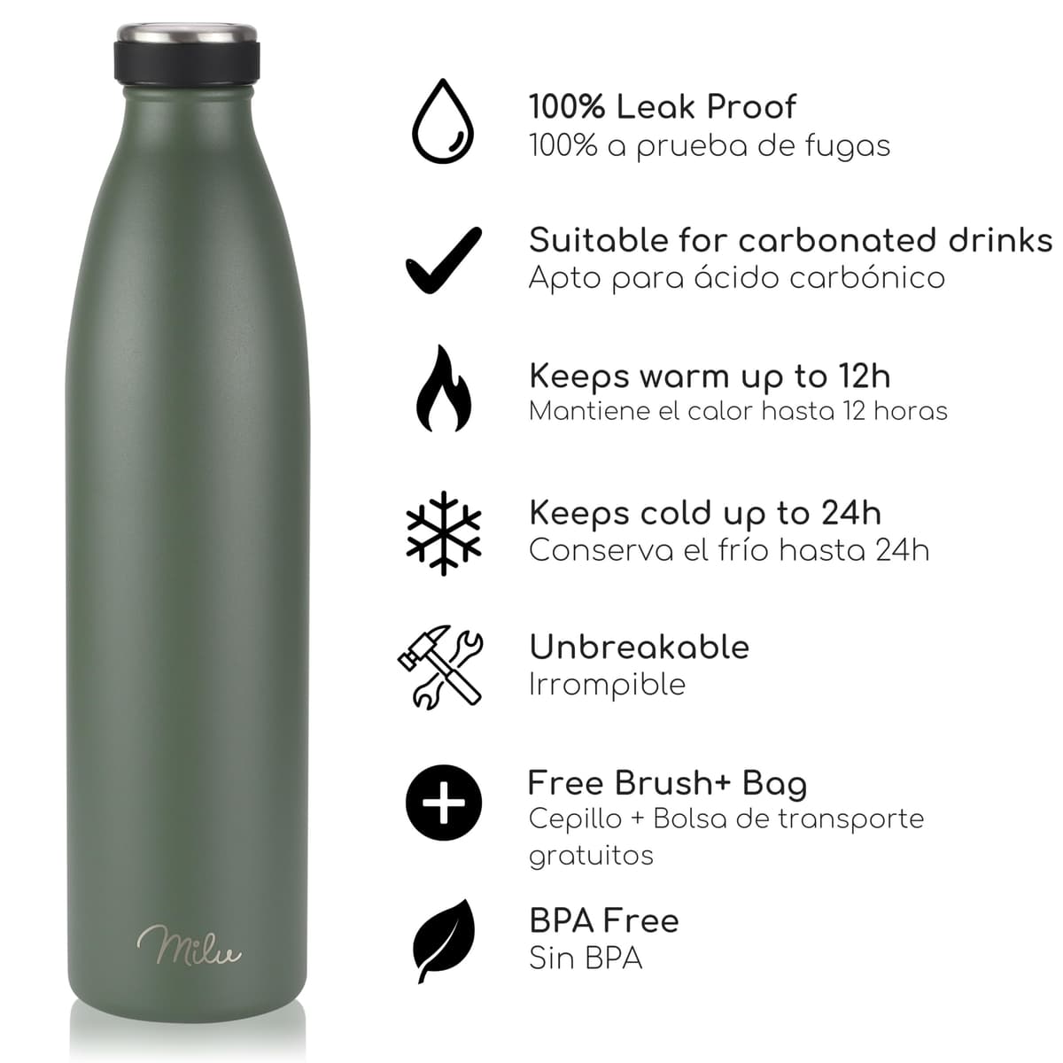 Milu Botella de acero inoxidable de 350ml 500ml 750 ml 1 L 1,5 L botella de agua aislada, termo a prueba de fugas, doble pared, apta para ácido carbónico + cepillo de limpieza (Azul Violeta, 350ml) — view 58