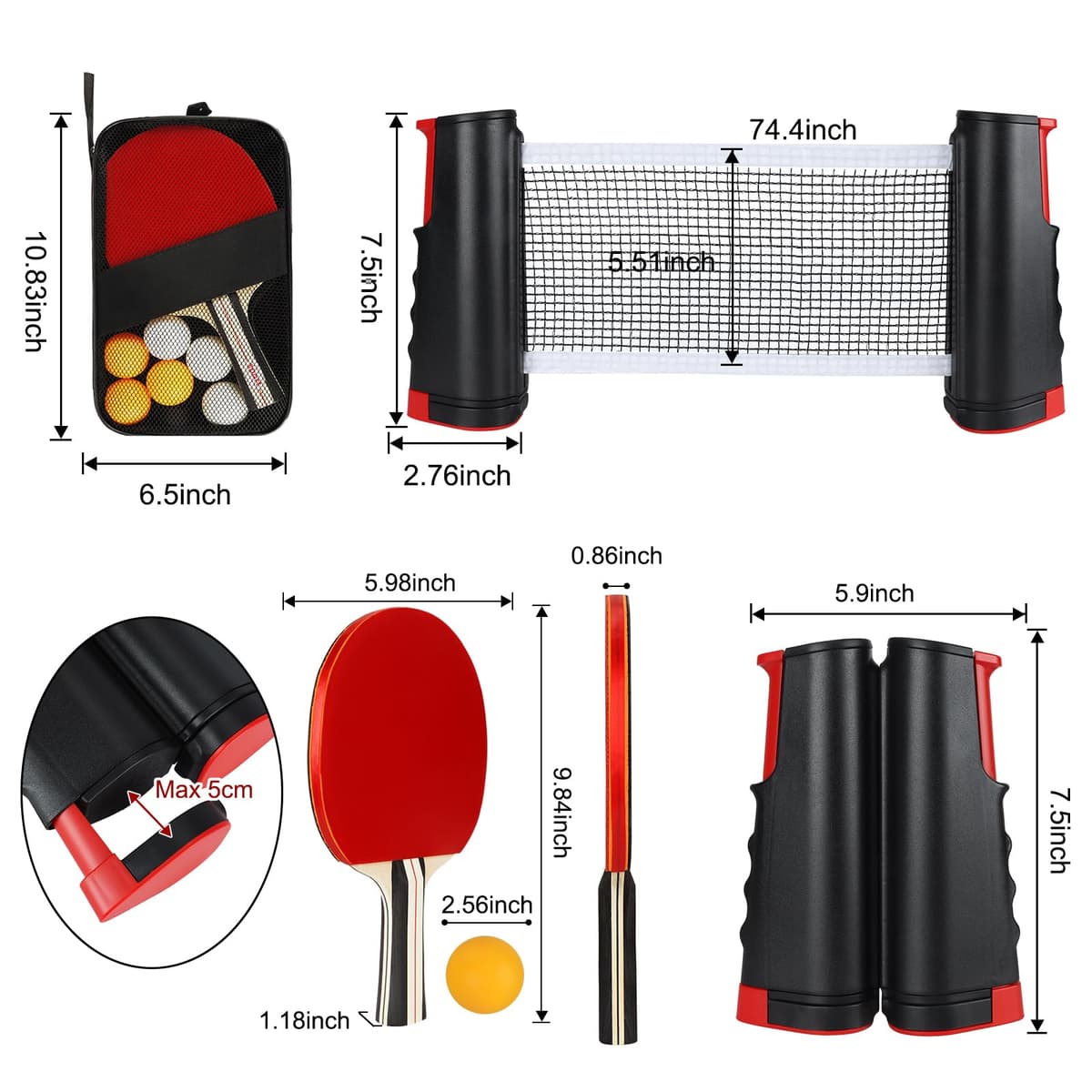 TOSUTO Sets de Ping Pong,2 Raquetas de Ping Pong,6 Pelotas,Red Retráctil y Bolsa de Transporte,Set de Ping Pongs Portátil para Principiantes y Expertos,Ideal para Juegos en Interiores y Exteriores — view 2