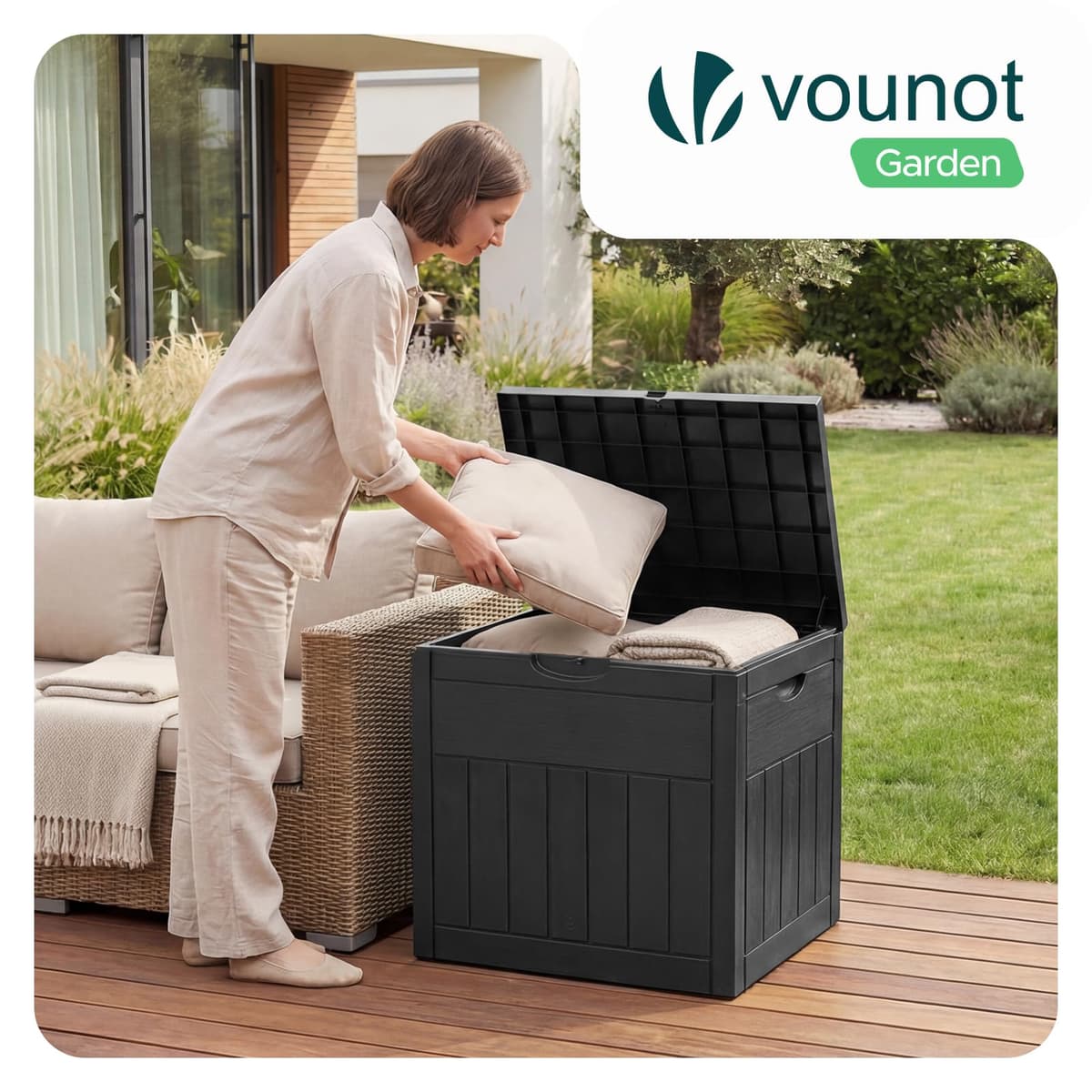 VOUNOT® 126L Outdoor Storage Box with Lid, Lockable Garden Storage Chest, Waterproof Plastic Deck Box for Cushions, Tools & Parcel Delivery, Rattan Effect, Black — view 4
