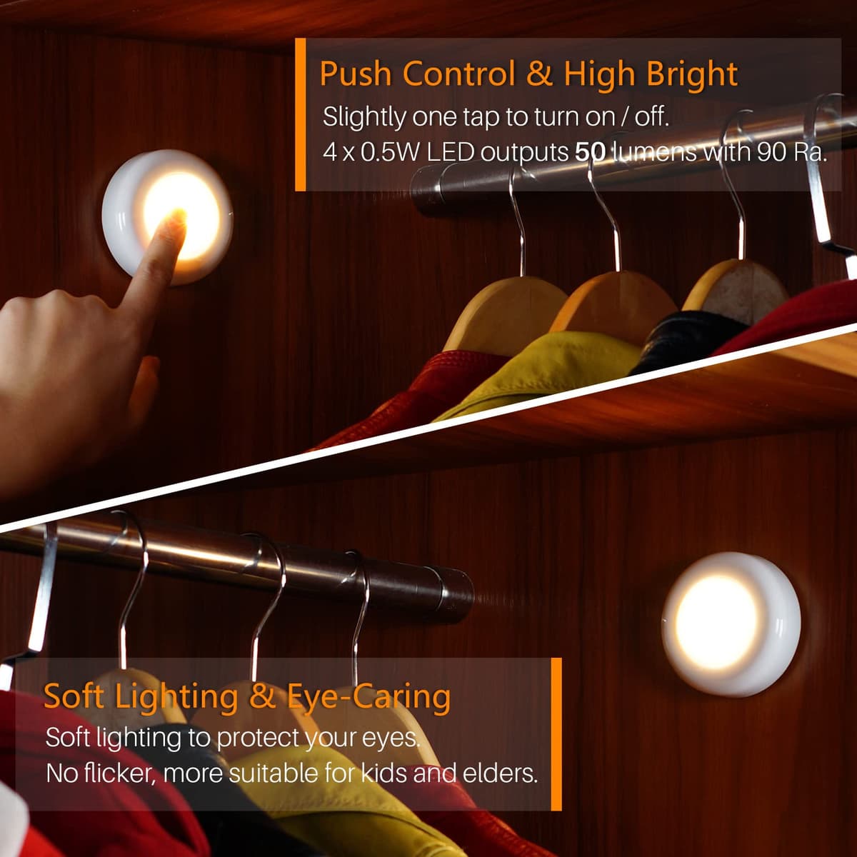 STAR-SPANGLED Tap Light Push Lights, Stick on LED Touch Puck Light AAA Battery Operated, Press Spot Lighting Indoor for Under Cupboard, Wardrobe, Cabinet, Closet, Kitchen (2.8inch, Warm White, 5 Pack) — view 2