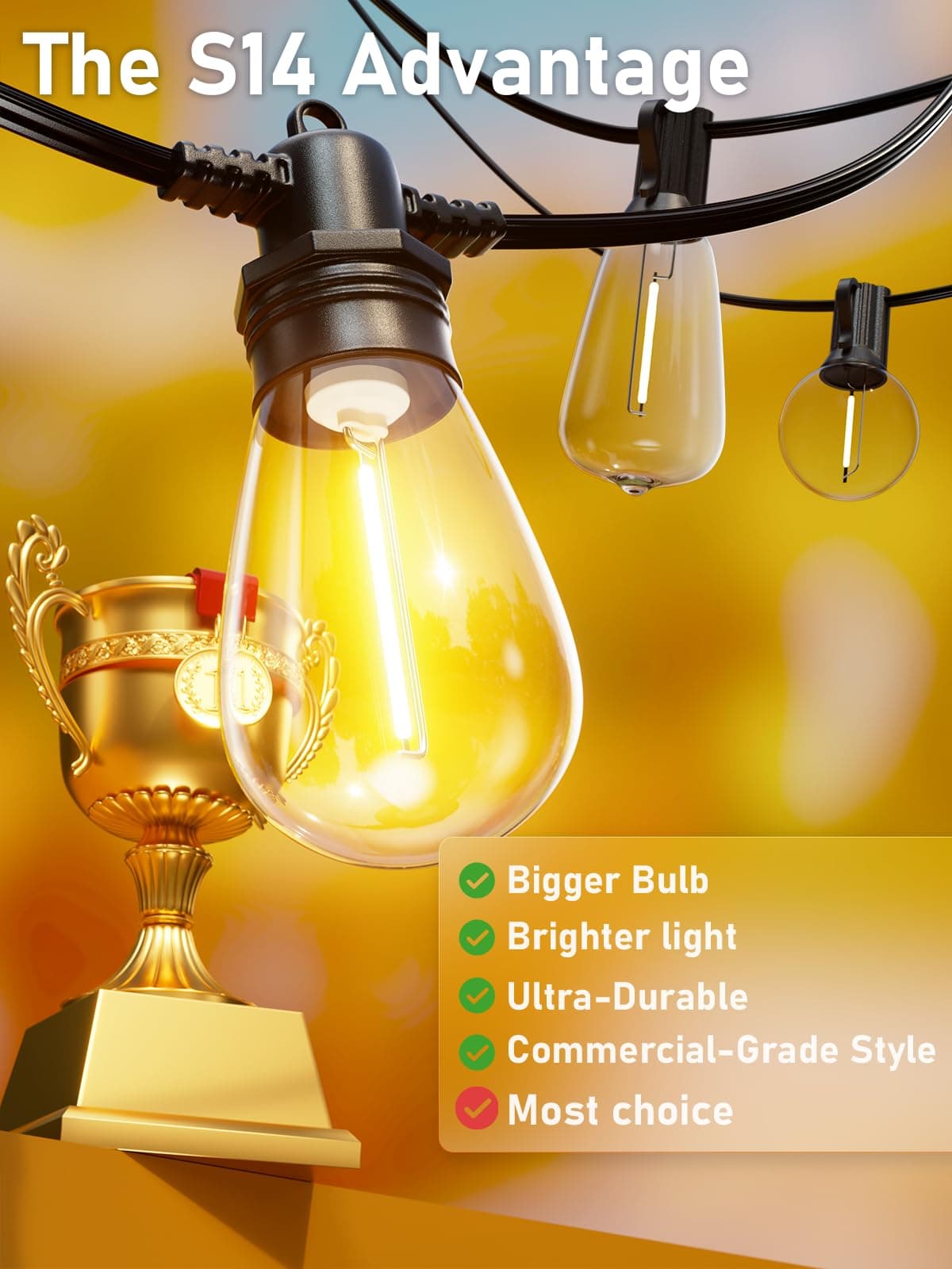 60FT LED Outdoor String Lights with 16+1 Edison Shatterproof IP65 Waterproof Bulbs, 2700K Dimmable Commercial Grade Patio Lights for Garden, Porch, Deck Decor — view 3