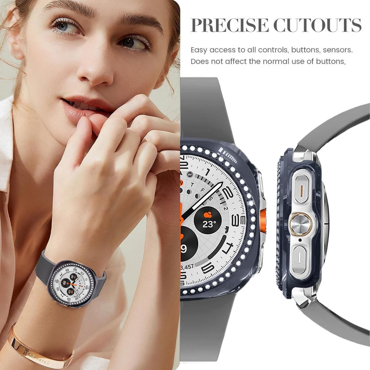DEALELE [2-PACK] Cases Compatible with Samsung Galaxy Watch Ultra 47mm (2025/2024), Bling Rhinestone Diamond PC Protective Case Replacement Watch Cover for Women Men, 47mm, Gun grey + Transparent — view 2