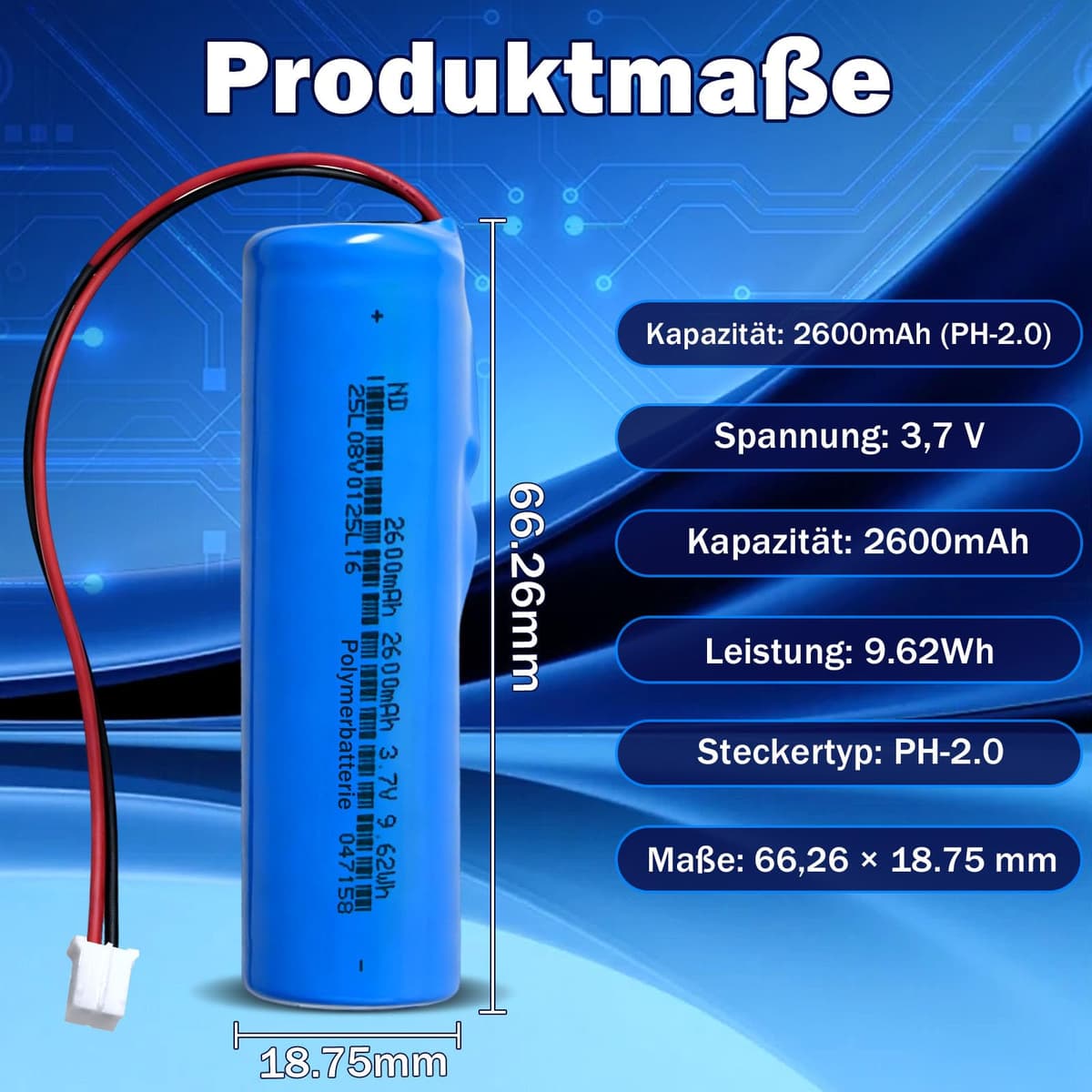 Batería recargable de iones de litio de 3,7 V 2600 mAh con conector XH2.54/2P. Comprueba antes de comprar la polaridad del dispositivo y del conector (1 pieza, 2600 mAh PH2.0) — view 3