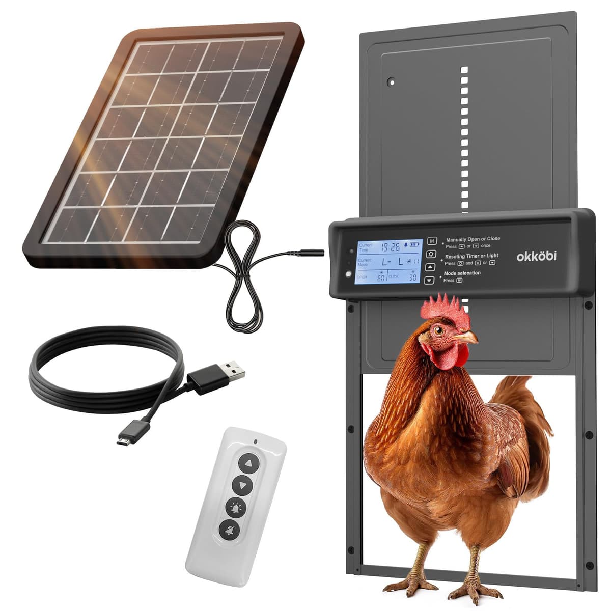 Okkobi Automatic Chicken Coop Door Solar Powered - LCD Display - Chicken Coop Door with Remote Control, Light Sensor & Timer - Security & Peace of Mind: Anti-Pinch Function - 5-Year Protection - Grey
