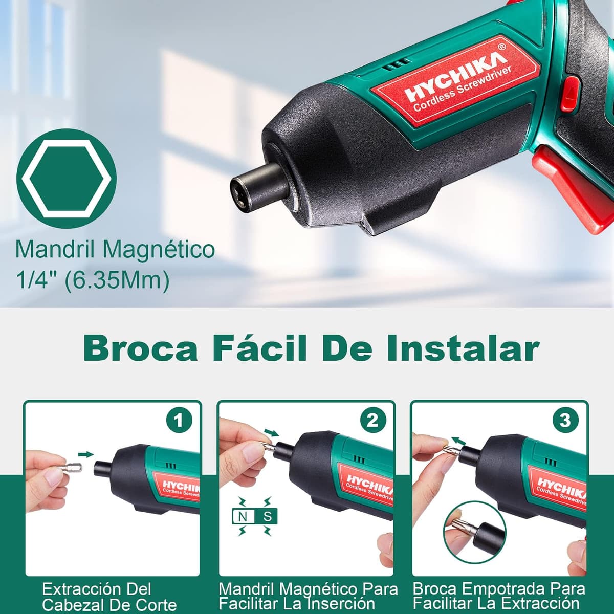 HYCHIKA Destornillador Eléctrico 6N.m, Atornillador Eléctrico Inalámbrico 3.6v Batería 2000mAh (Máximo Par 6 N.m) LED Luz, Mandril Magnétic, Cable USB, 20 Accesorios — view 3