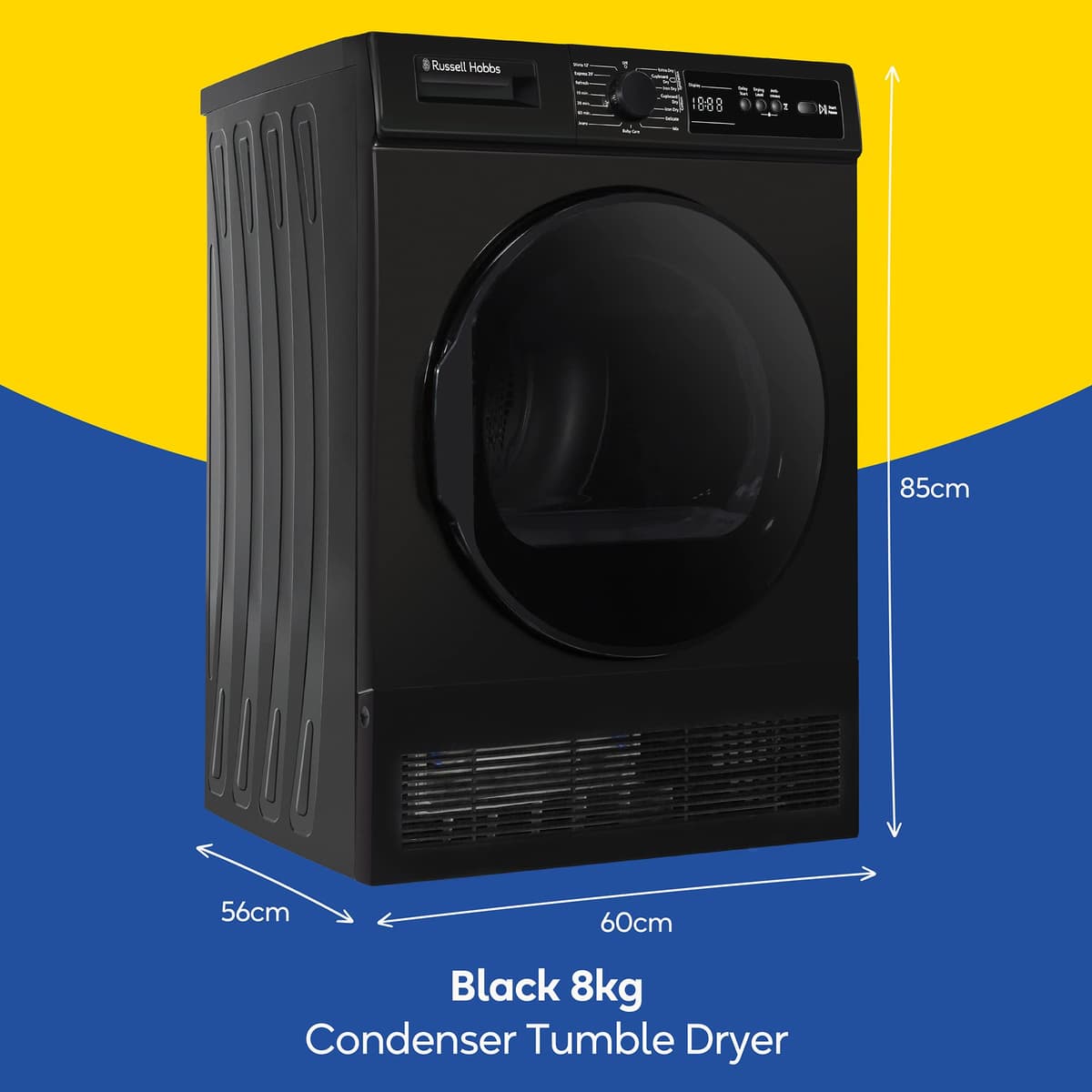 Russell Hobbs Freestanding Condenser Dryer Electric Tumble Dryer 15 Programmes 8kg Capacity 3 Heat Settings LED Display DelayStart Anti-Crease Child Lock Black Clothes Dryer RH8CTD111B — view 2