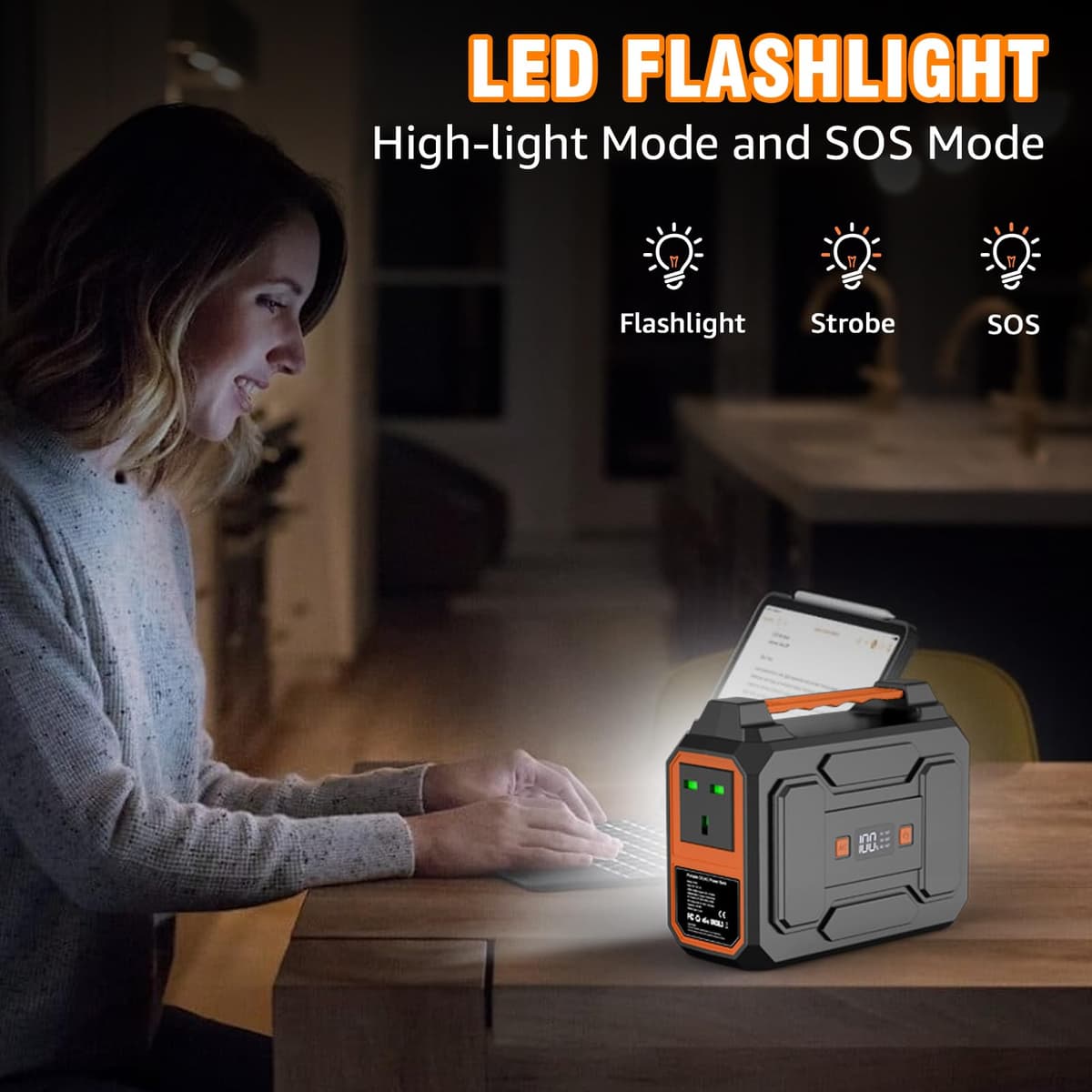 Powkey 100W Portable Power Station 99Wh/ 27000mAh Camping Power Pack,Solar generator with AC/DC/USB/Type C Outlet for Outdoors Camping Travel Fishing Emergency Power Supply Backup Orange — view 5