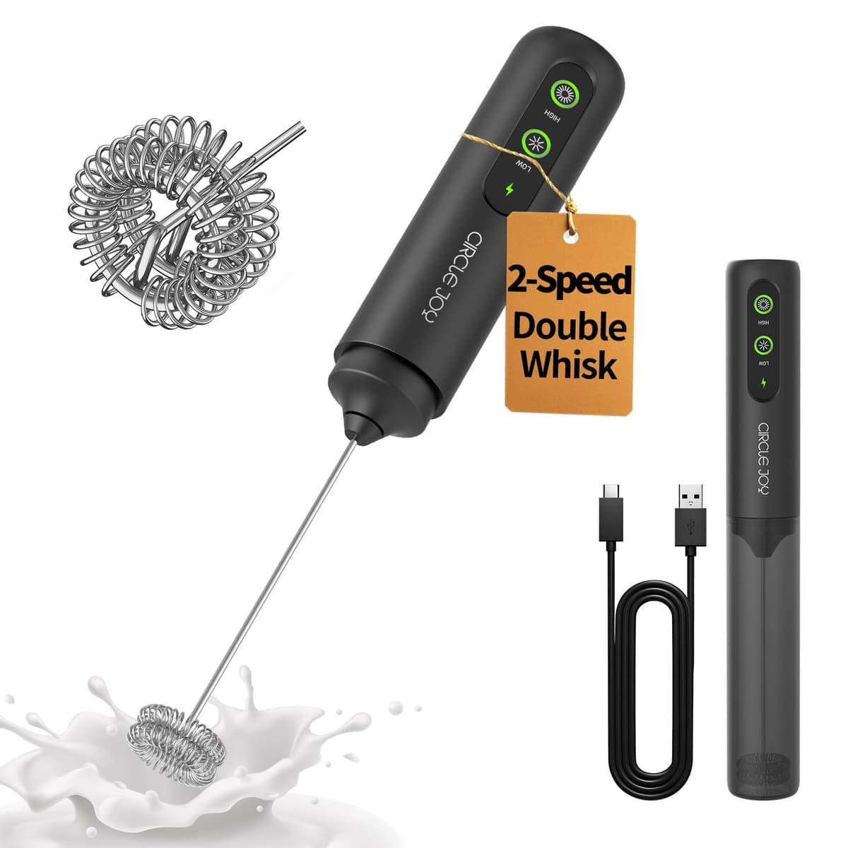 CIRCLE JOY Electric Milk Frother Handheld, Rechargeable Coffee Frother with Dual Spring Whisk, Portable Hand Frother Wand Drink Mixer for Coffee, Hot Chocolate, Cappuccino, Frappe, Matcha, Black — view 14