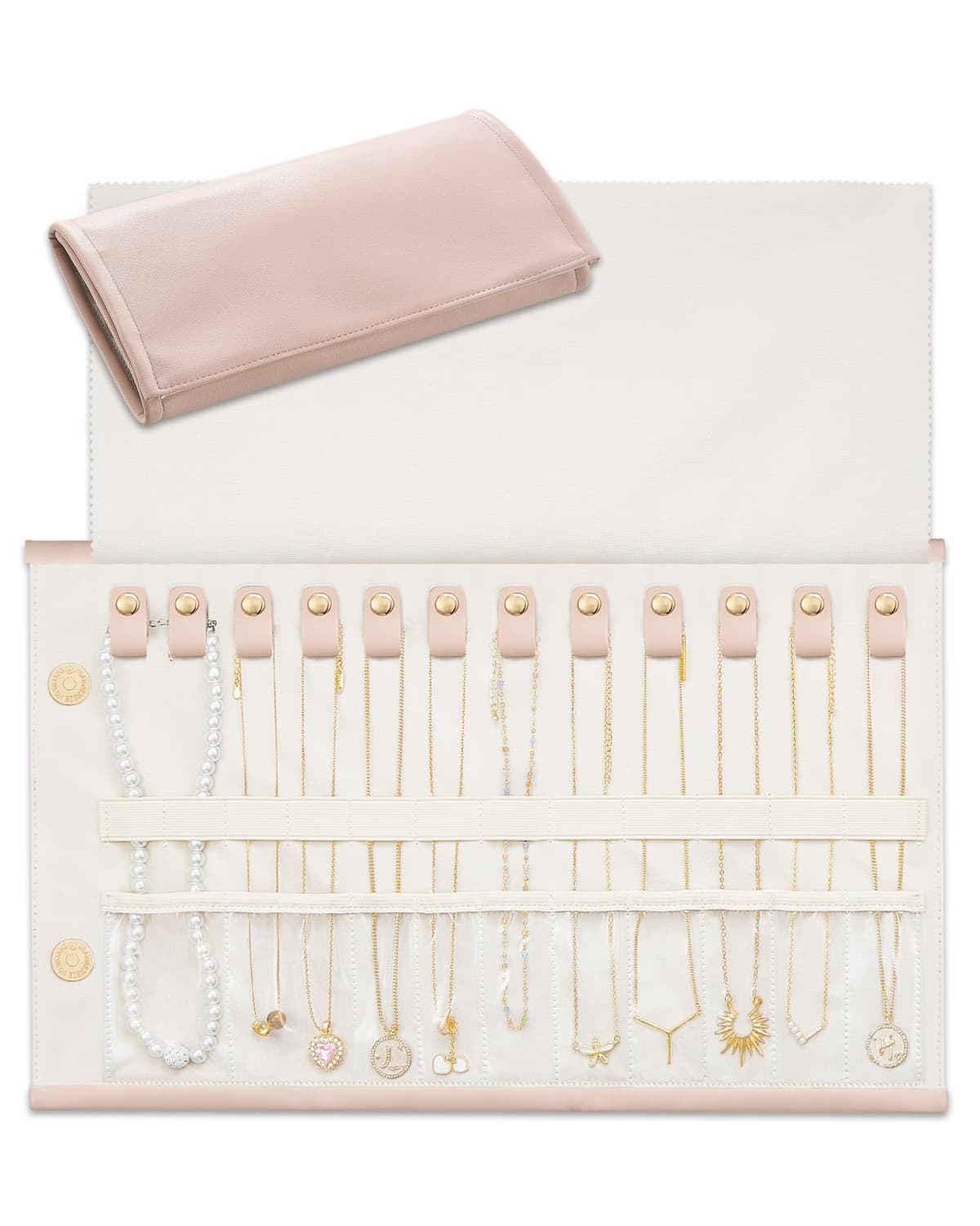 Lolalet Organizador de Collares de Viaje Antienredos, Bolsa de Joyas de Cuero Plegable y Enrollable para Collares, Cadenas y Pulseras - Blanco Crema, 18 Compartimentos — view 12
