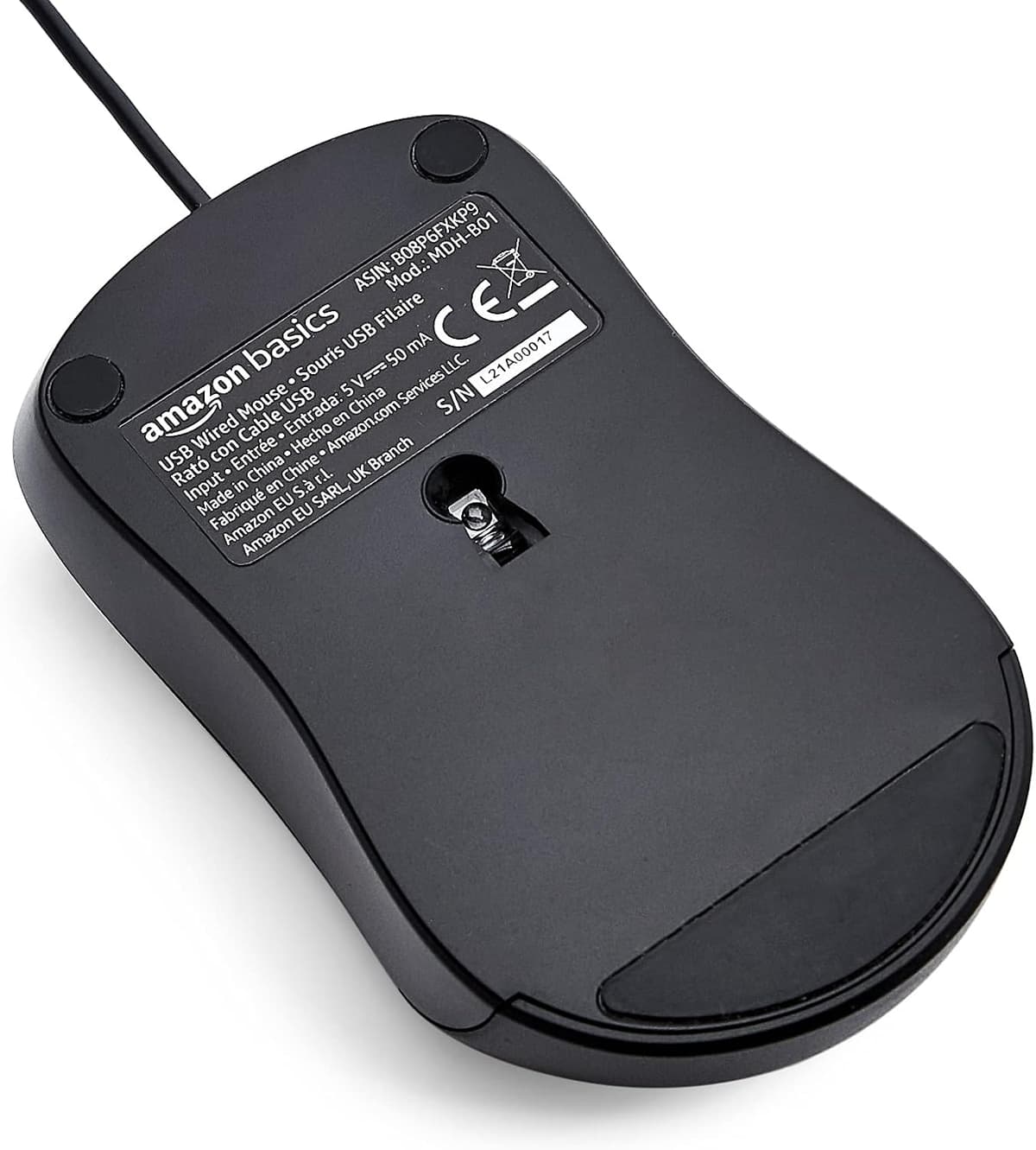 Amazon Basics 3-Button USB Wired Quiet Mouse – Standard, Black