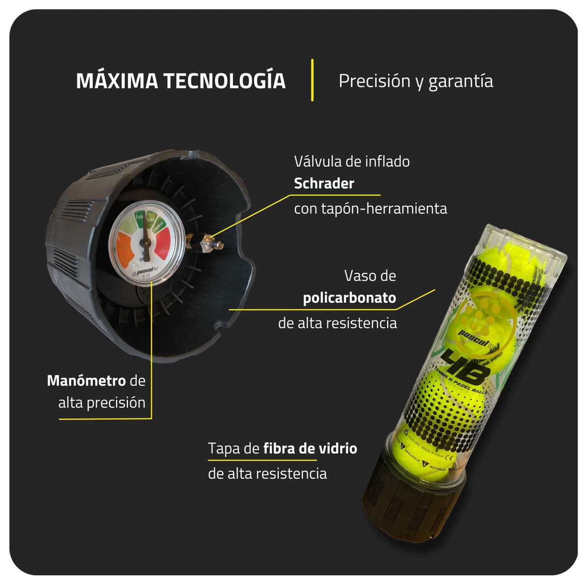 Pascal Box - Presurizador Pelotas Padel con Bomba | Padel Accesorios Bolas Padel | Accesorios Pelotas Padel y Pelotas de Tenis | Bote Presurizador Pelotas Padel | Pack Completo Inlcuye Lubricante — view 4