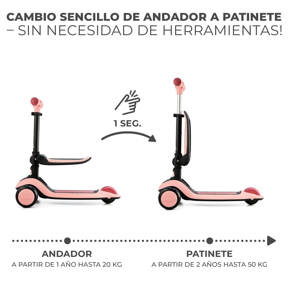 Kinderkraft Halley 2 en 1 Bicicleta sin Pedales y Patinete con Ruedas LED, Manillar Ajustable, Base Antideslizante, Ultraligera y Segura para Niños – Rosa — view 4