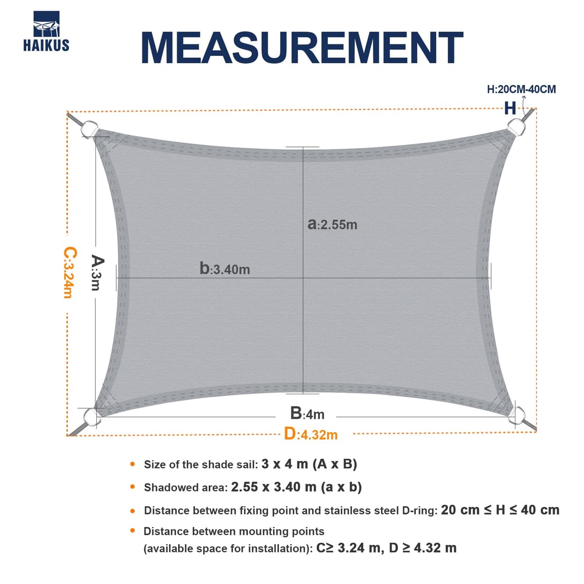 HAIKUS Toldo Vela de Sombra Exterior Rectangular 3x4m Protección UV PES Impermeable, Lona Sombra para Terraza Jardín - Arena — view 4