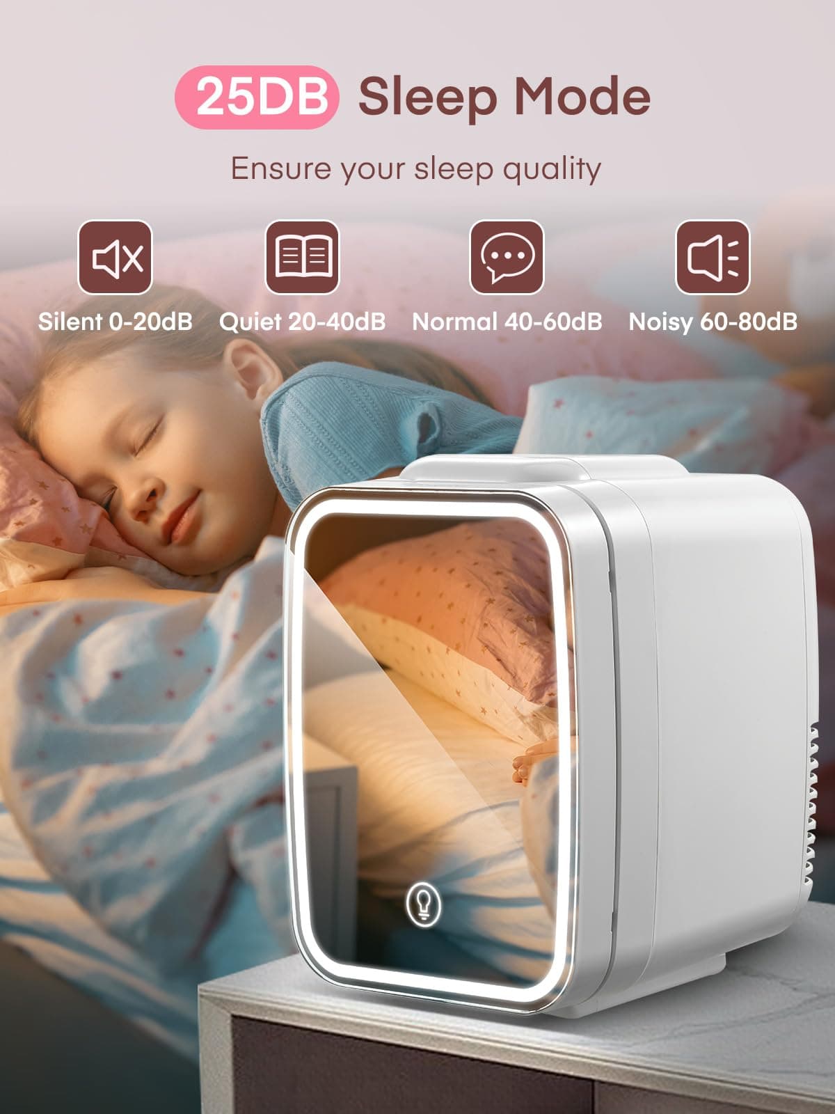 FOHERE Mini Fridge for Bedrooms, 5L/6 Can Portable Skincare Fridge with Dimmable LED Light Mirror, Cooler & Warmer for Food, Drinks and Cosmetic, Small Refrigerator for Home Office — view 5