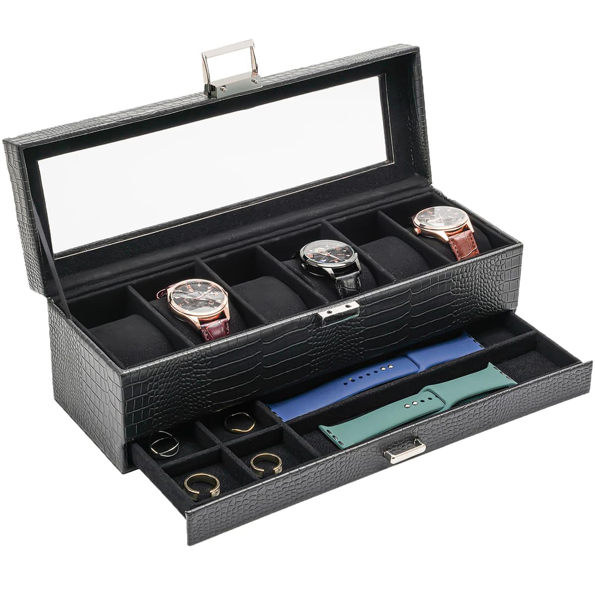 ProCase Caja de Relojes de 6 Ranuras con Cajón, Funda Organizadora de Reloj de 2 capas con Tapa de Cristal, Estuche de Almacenamiento para Hombres y Mujeres -Negro — view 21