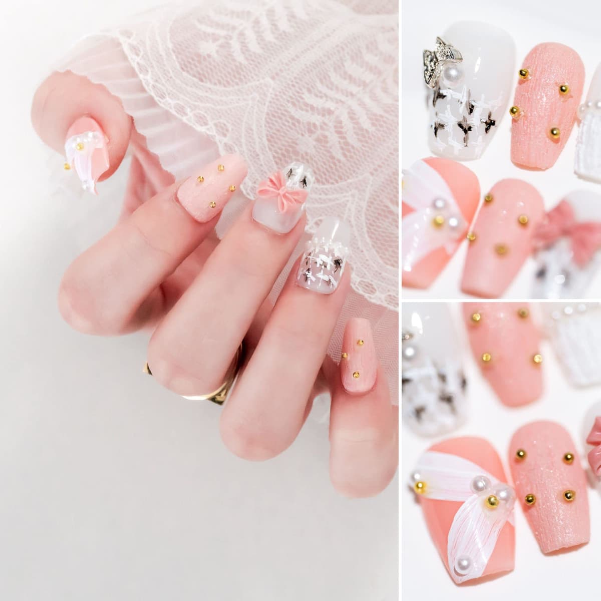 Sun&Beam Nails Handmade Press On Nail Long Coffin Ballerina Pink Flower Acrylic Fake Tip 3D Design Art Charms Cute with Storage Box 10 Pcs (S) — view 358