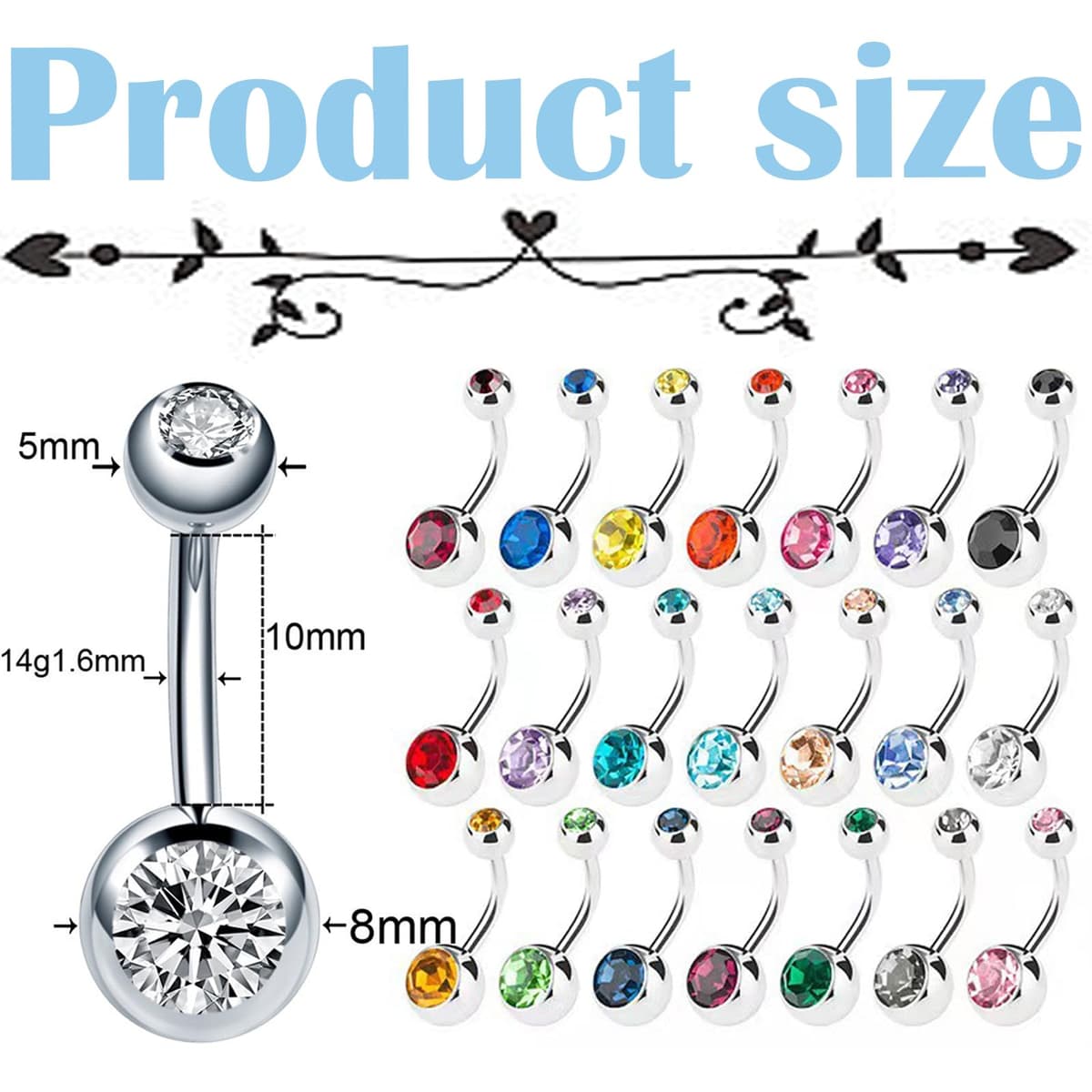 CocCCoon Stainless Steel Belly Rings - 20 PCS Navel Piercing Jewelry Hoops, Body Piercing Bars, Belly Button Rings — view 2