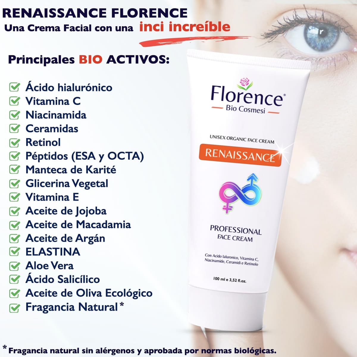 100 ml. Bio Crema Hidratante al Retinol para la Cara y Contorno de Ojos. Crema Facial Mujeres y Hombres Anti-Edad Antiarrugas y Antiojeras con Ácido Hialurónico y Vitamina C. Crema de Noche y Día — view 3