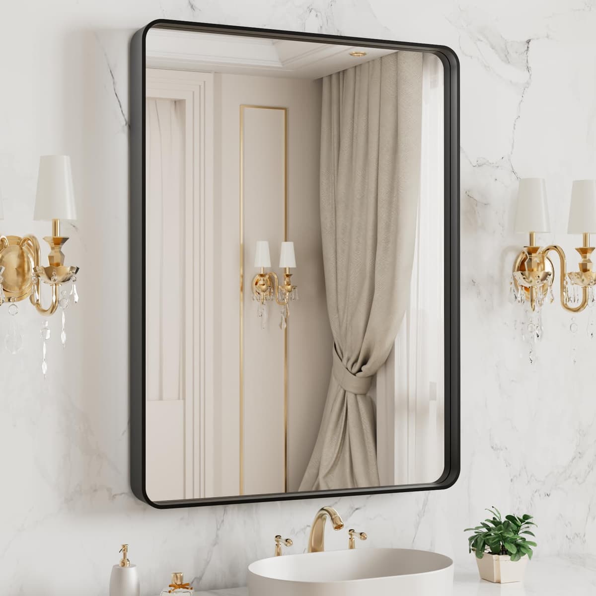 LOAAO 48”X36” Gold Bathroom Mirror, Rounded Rectangle Gold Frame Mirror, Brushed Gold Bathroom Vanity Mirror Wall-Mounted, Anti-Rust, Tempered Glass, Hangs Horizontally or Vertically — view 45