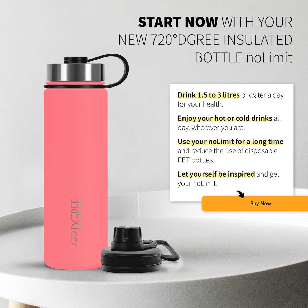 720°DGREE Botella Agua Termo Acero Inoxidable “noLimit“ – 410ml, 530ml, 710ml, 950ml, 1200ml - Sin BPA Free, Antigoteo y Prueba de Fugas - Frasco térmico, Cantimplora Aislada +Cubierta Deportes Gratis — view 5
