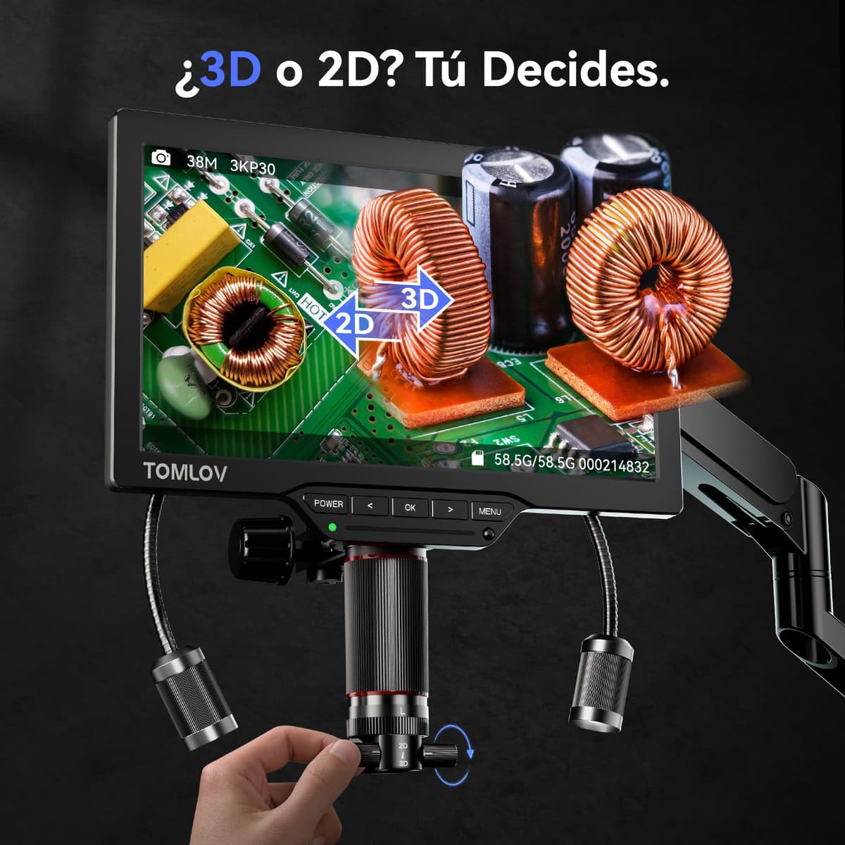 TOMLOV TM3K-3D IPS Digital Microscope with Dual Magnetic Lenses, 3D HDMI Soldering Microscope for Adults, Magnifier 3K Coins with LED, Repair Pad, Flexible Arm, 64GB — view 2