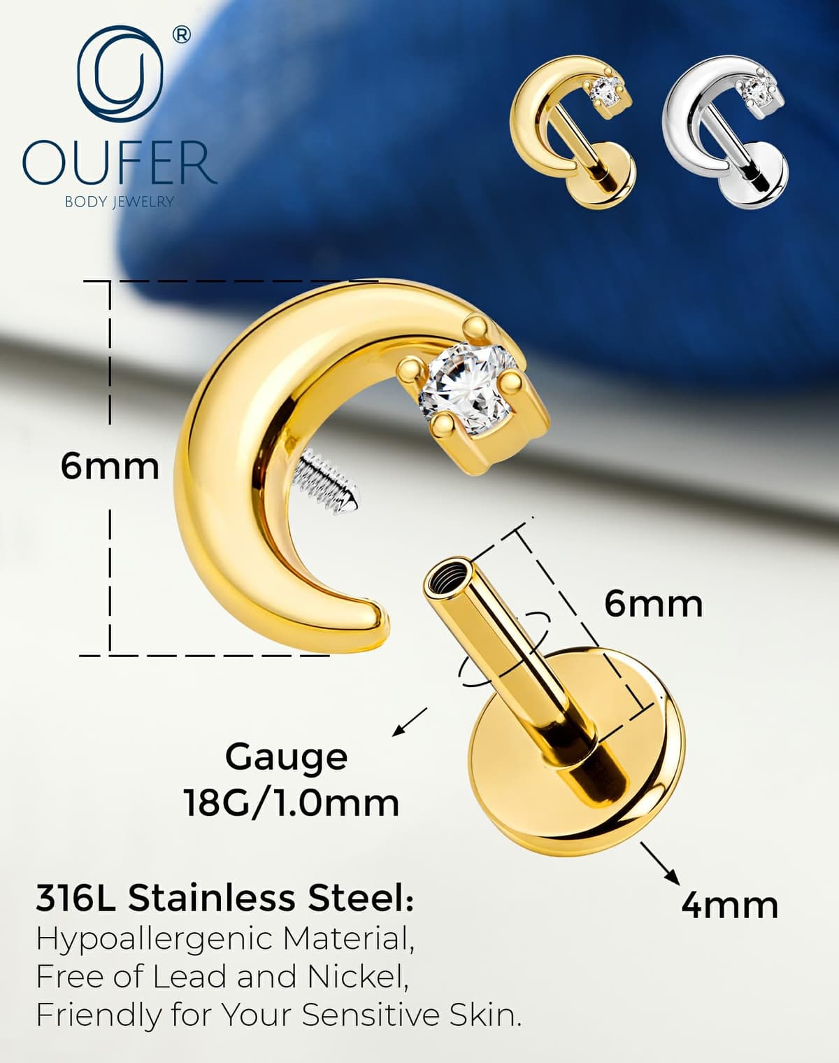 OUFER Body Piercing Helix Stud 18G Stainless Steel Moon CZ Labret Piercing Jewelry Internally Threaded 6mm Bar Gold/Silver Cartilage Earring Tragus Lip Piercings for Women — view 3