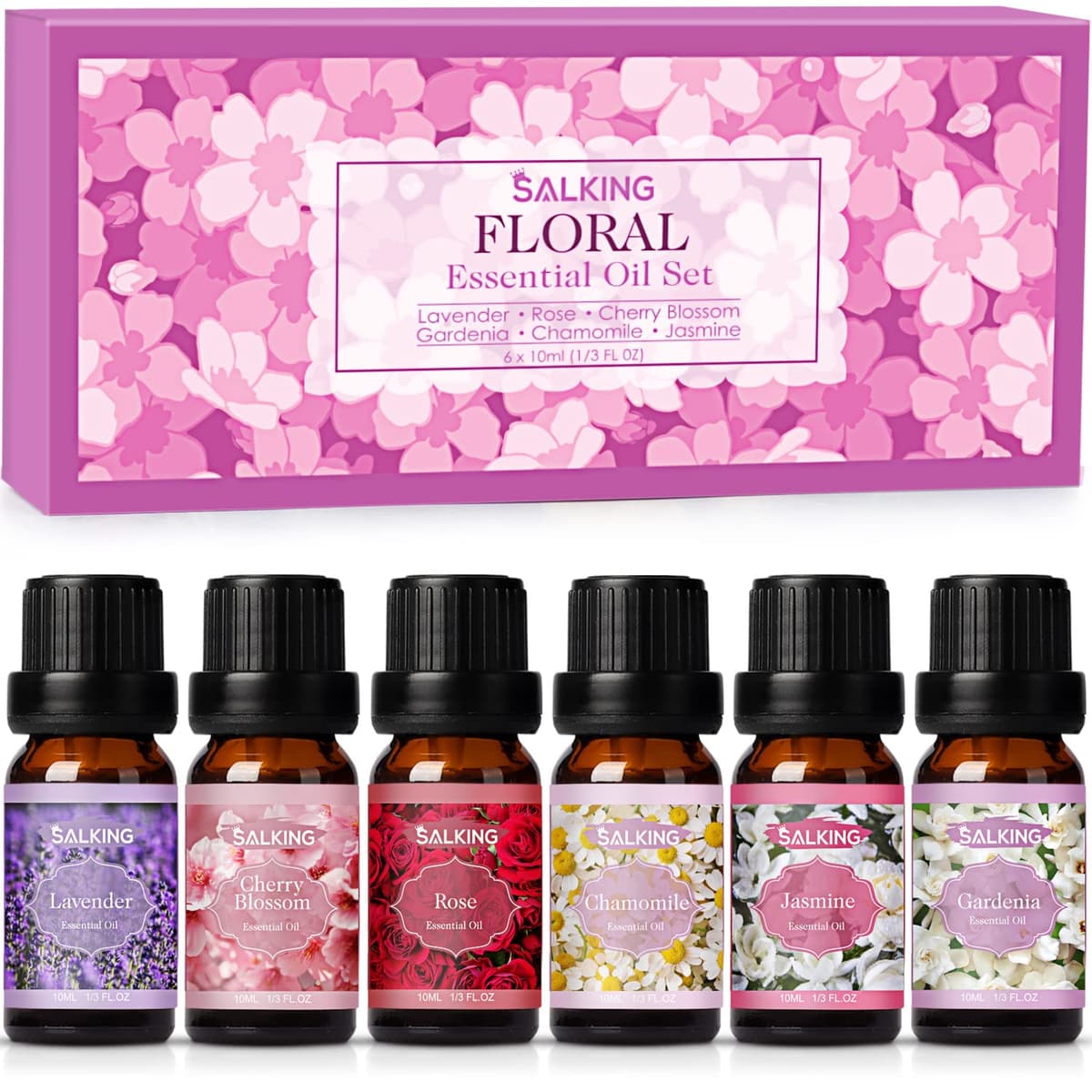 SALKING Flores Aceites Esenciales para Humidificador Difusor 6 x 10 ml,100% Puro Aceites Esenciales Naturales Aceite Perfumado - Lavanda,Rosa, Jazmín, Gardenia, Manzanilla, Flor de cerezo