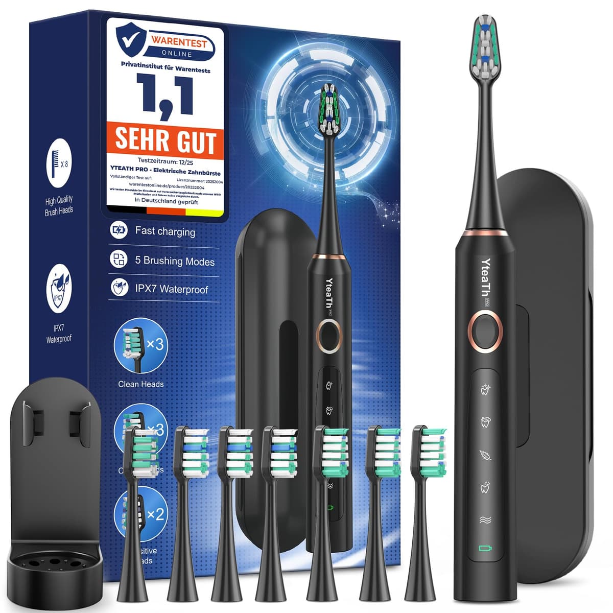 Cepillo de Dientes Eléctrico Sónico para Adultos - Cepillo Electrico Sónico con 8 Cabezales y Estuche de Viaje, 5 Modos, IPX7 Impermeable, Cepillo Dientes Electrico de Viaje Recargable, Negro