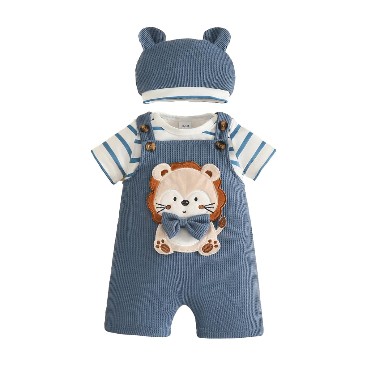 Ropa de Bebé Recién Nacidos Manga Corta a Rayas Mono Top+ Pantalones Cortos con Tirantes y Animales + Sombrero 3 Piezas Verano Conjuntos