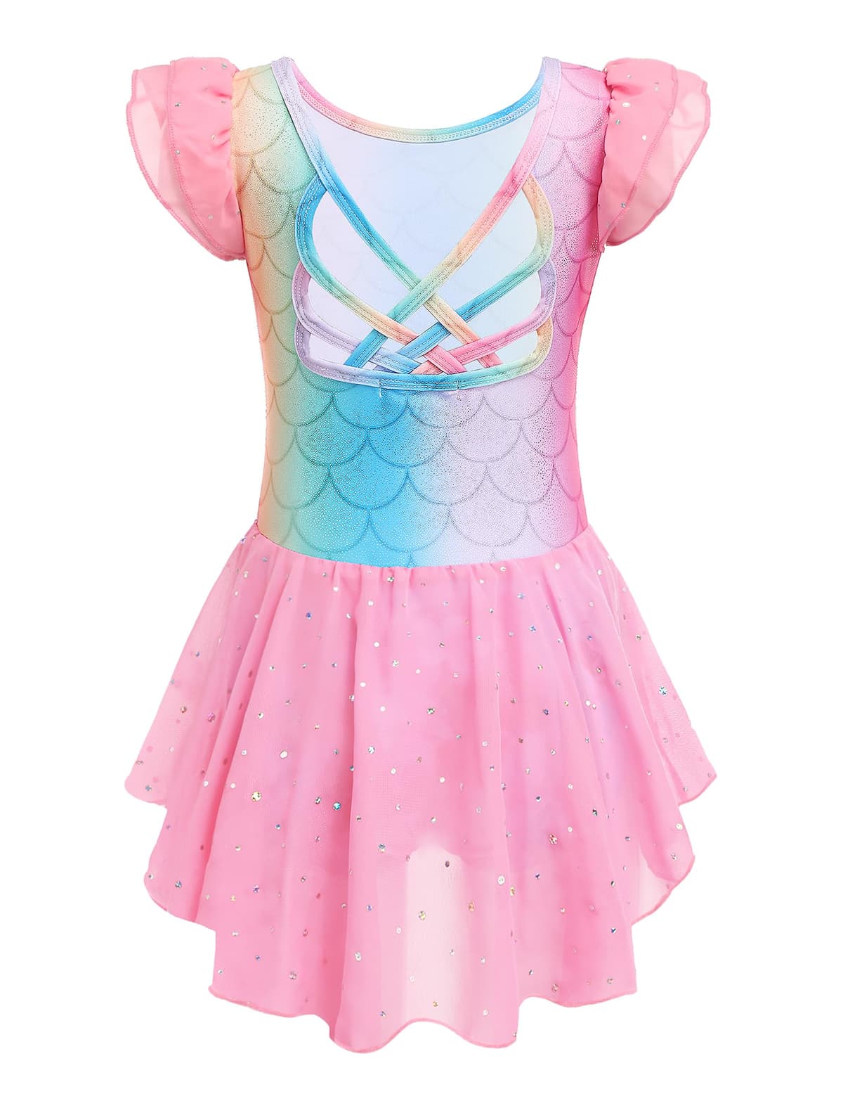 Arshiner Traje de Ballet para Niñas de 2-10 Años Sin Espalda Manga Corta Ropa de Danza Mono de Algodón con Falda Irregular con Lentejuelas — view 9