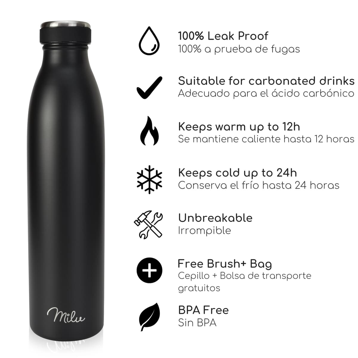 Milu Botella de acero inoxidable de 350ml 500ml 750 ml 1 L 1,5 L botella de agua aislada, termo a prueba de fugas, doble pared, apta para ácido carbónico + cepillo de limpieza (Azul Violeta, 350ml) — view 204