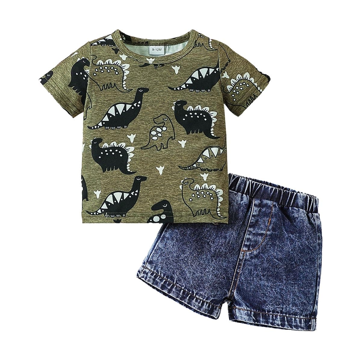 Ropa de Pequeños Bebé Niño Manga Corta Estampado Bonito Top+ Pantalones Cortos Vaqueros Rotos 2Pcs Conjunto Informal de Primavera y Verano