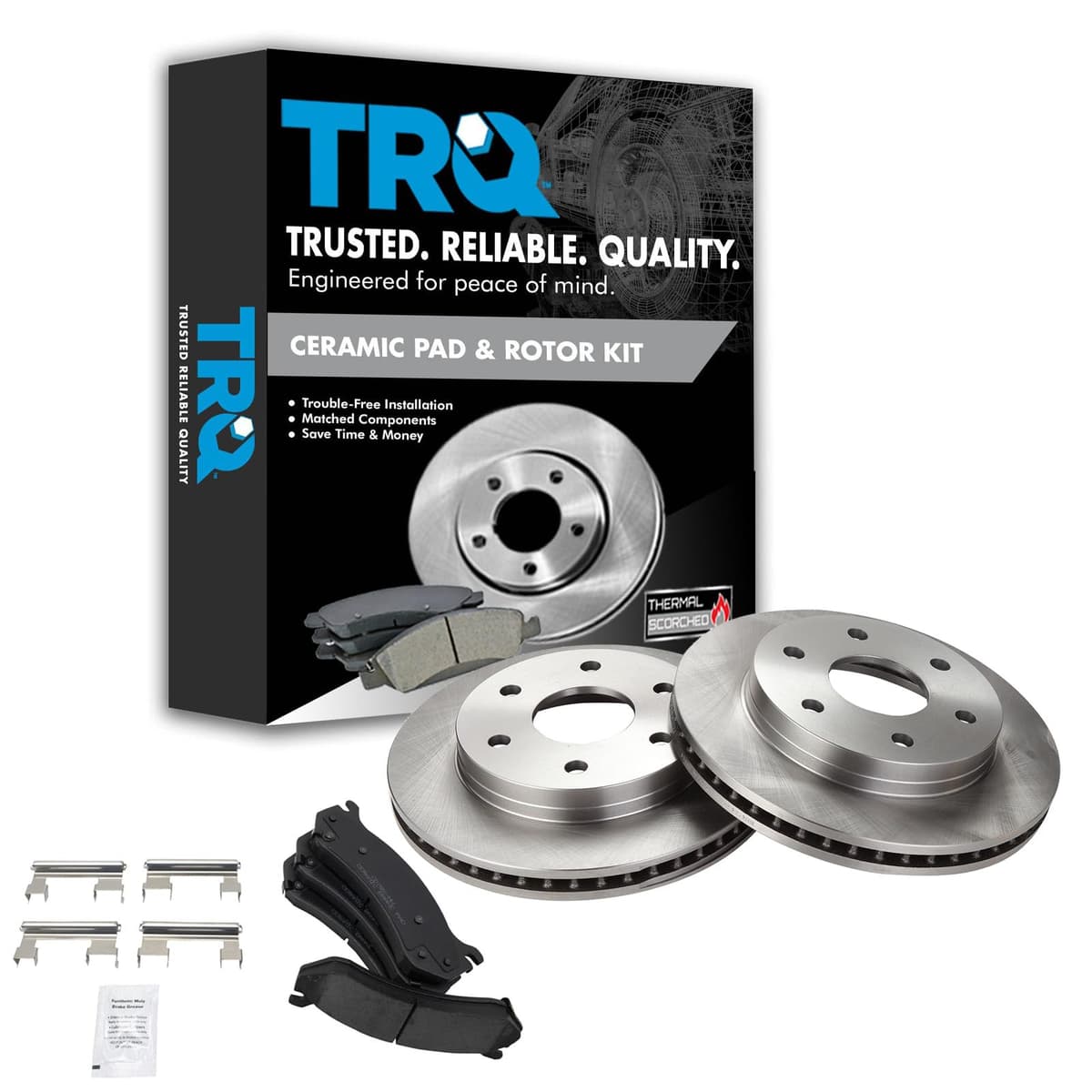 TRQ Front Brake Pad & Rotor Set Ceramic Compatible with 1999-2007 Chevy Silverado 2000-2006 Suburban Tahoe Yukon 2001-2006 GMC Sierra 2003-2005 Safari Astro 2002-2006 Cadillac Escalade Avalanche