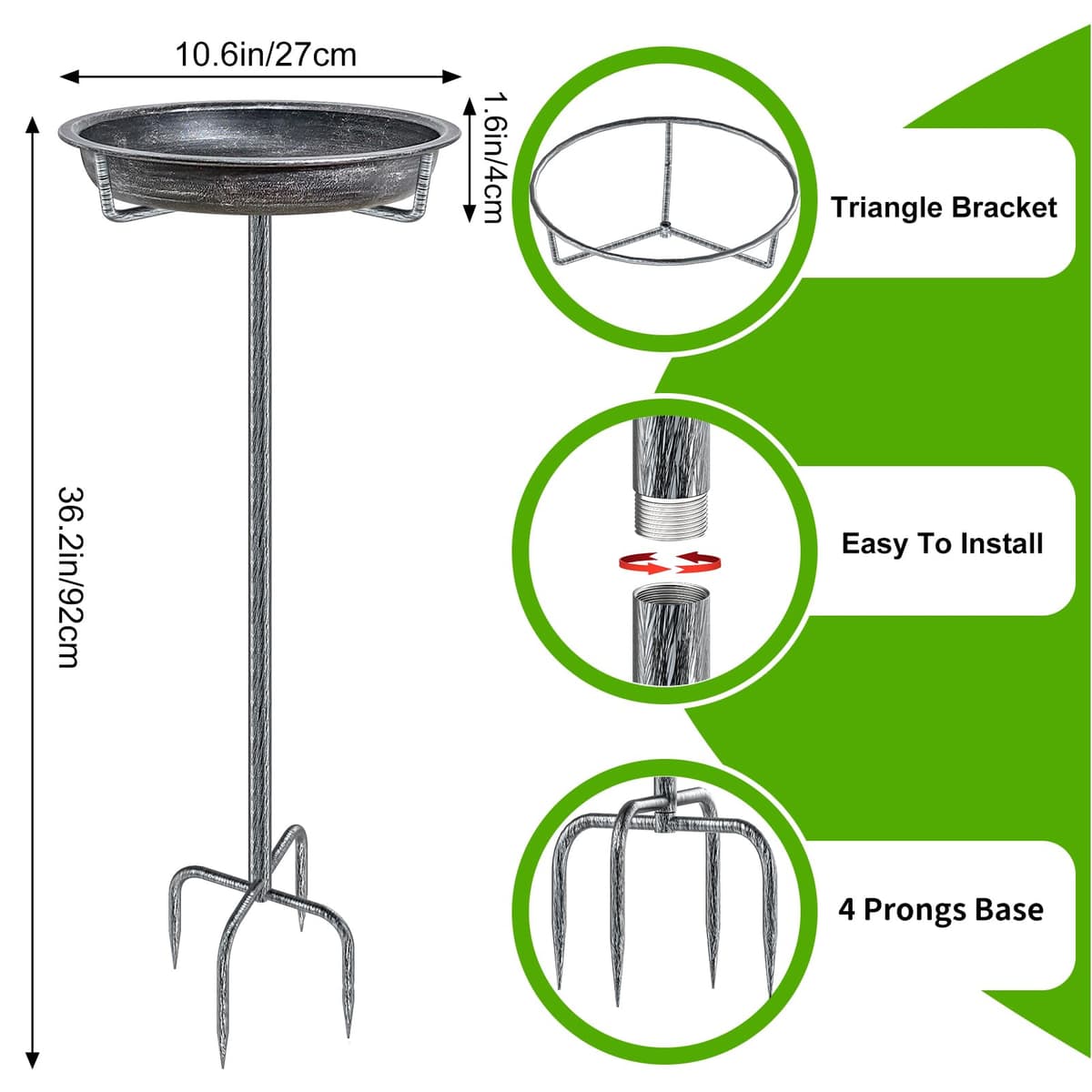Bird Bath for Outdoors, Metal Garden Birdbath Bowl for Outside with 4 Prongs Base Stake, Bird Feeder for Garden Yard Lawn Deco (Retro Silver) — view 2