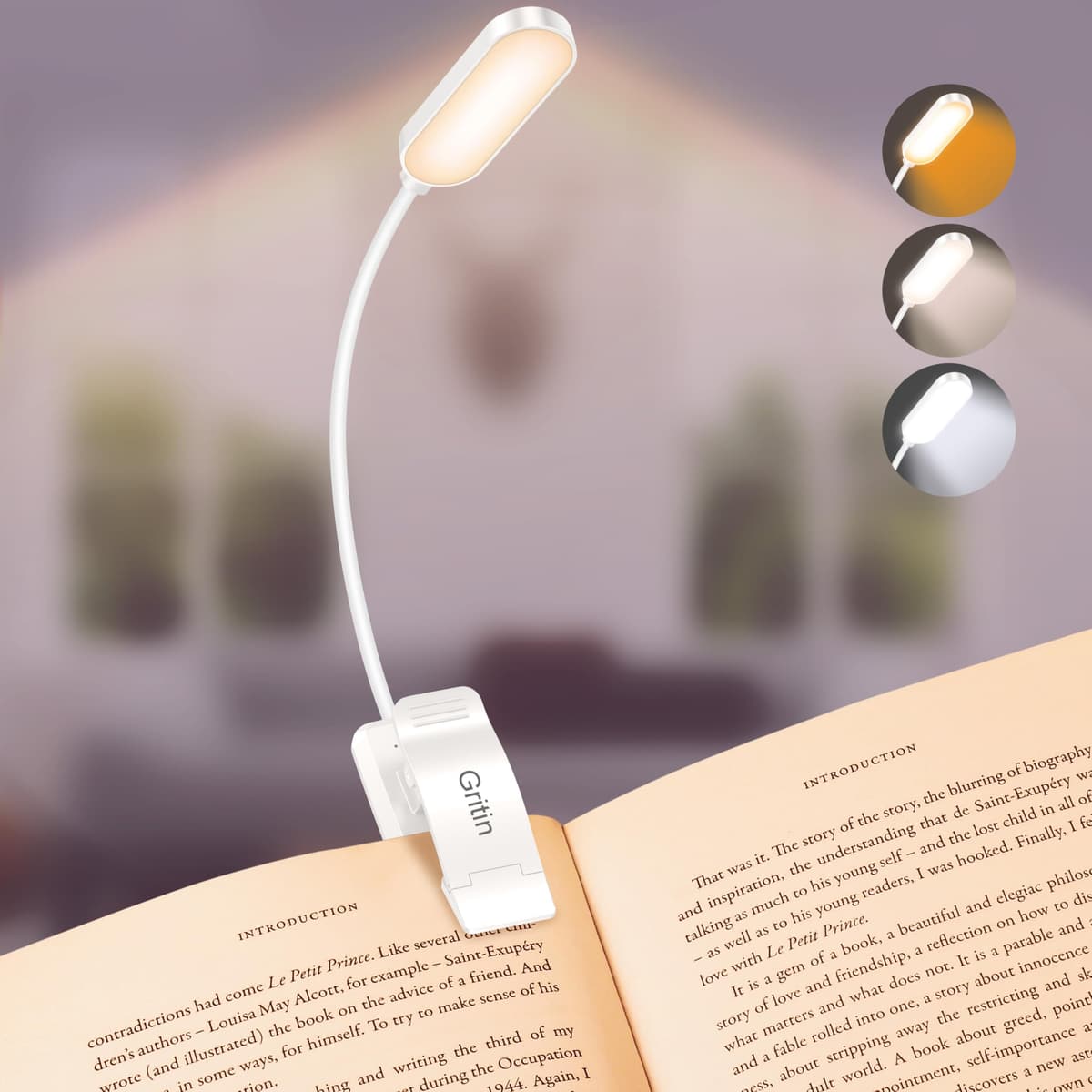Gritin 16 LED Reading Light, Book Light 3 Eye-Protecting Modes Book Lamp (White/Amber/Mixed) - Stepless Dimming, Rechargeable, Long Battery Life, 4-Level Power Indicator, Flexible Clip on Book Light — view 9