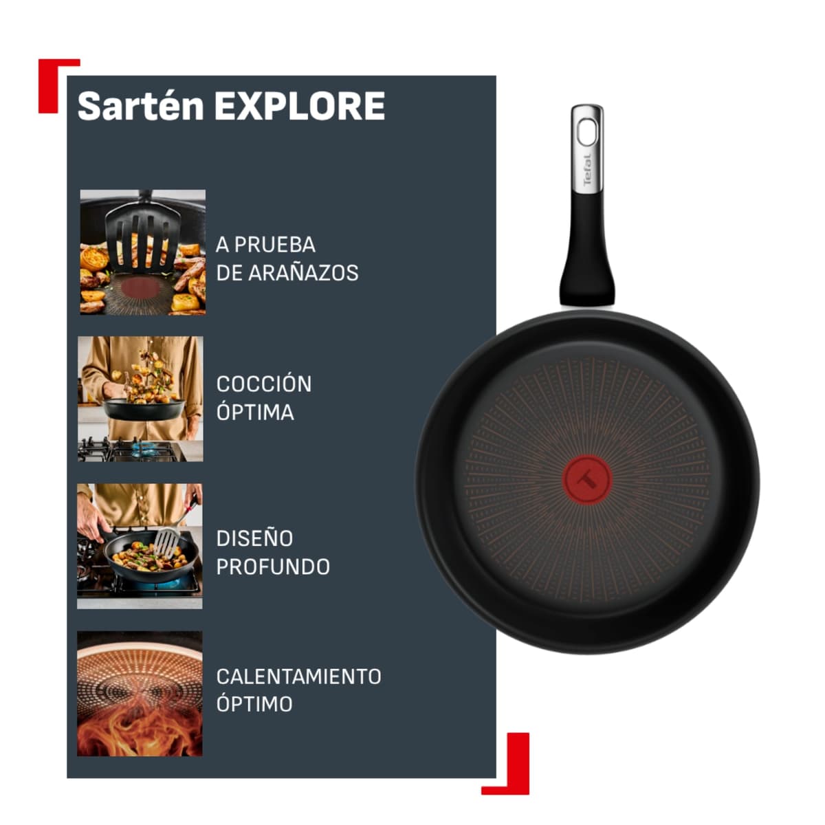 Tefal Explore - Sartén 24 cm, Mango fijo, Aluminio, Recubrimiento FusionCore Antiadherente, Apto inducción, Thermo-Signal — view 2