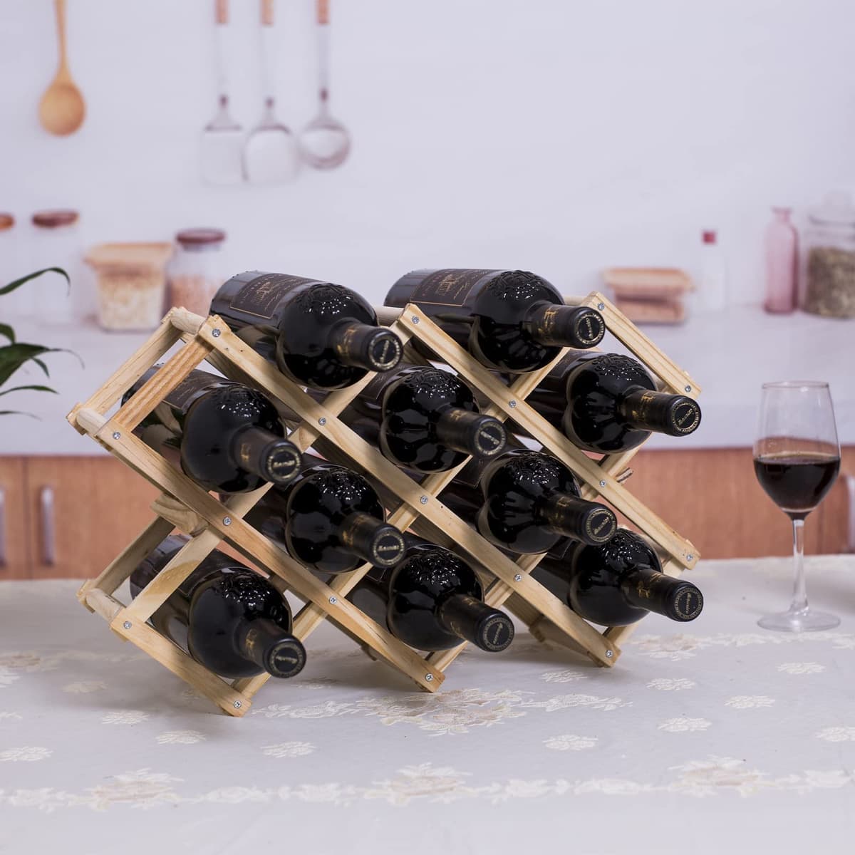 Newaner botellero Vino Plegable almacenar 10 Botellas de Vino 45X12.5X31CM, Estante de Madera Hecho a Mano de 3 Niveles, Organizador de Vino presentación para Bar, Sala de Estar y Cocina — view 8
