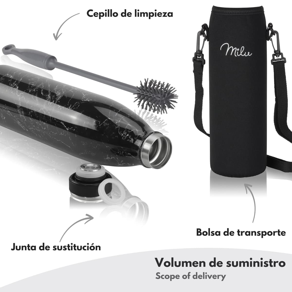 Milu Botella de acero inoxidable 350 ml, 500 ml, 750 ml, 1000 ml, botella de agua aislada, termo a prueba de fugas, apta para ácido carbónico, incluye cepillo de limpieza (granito, 750 ml) — view 5