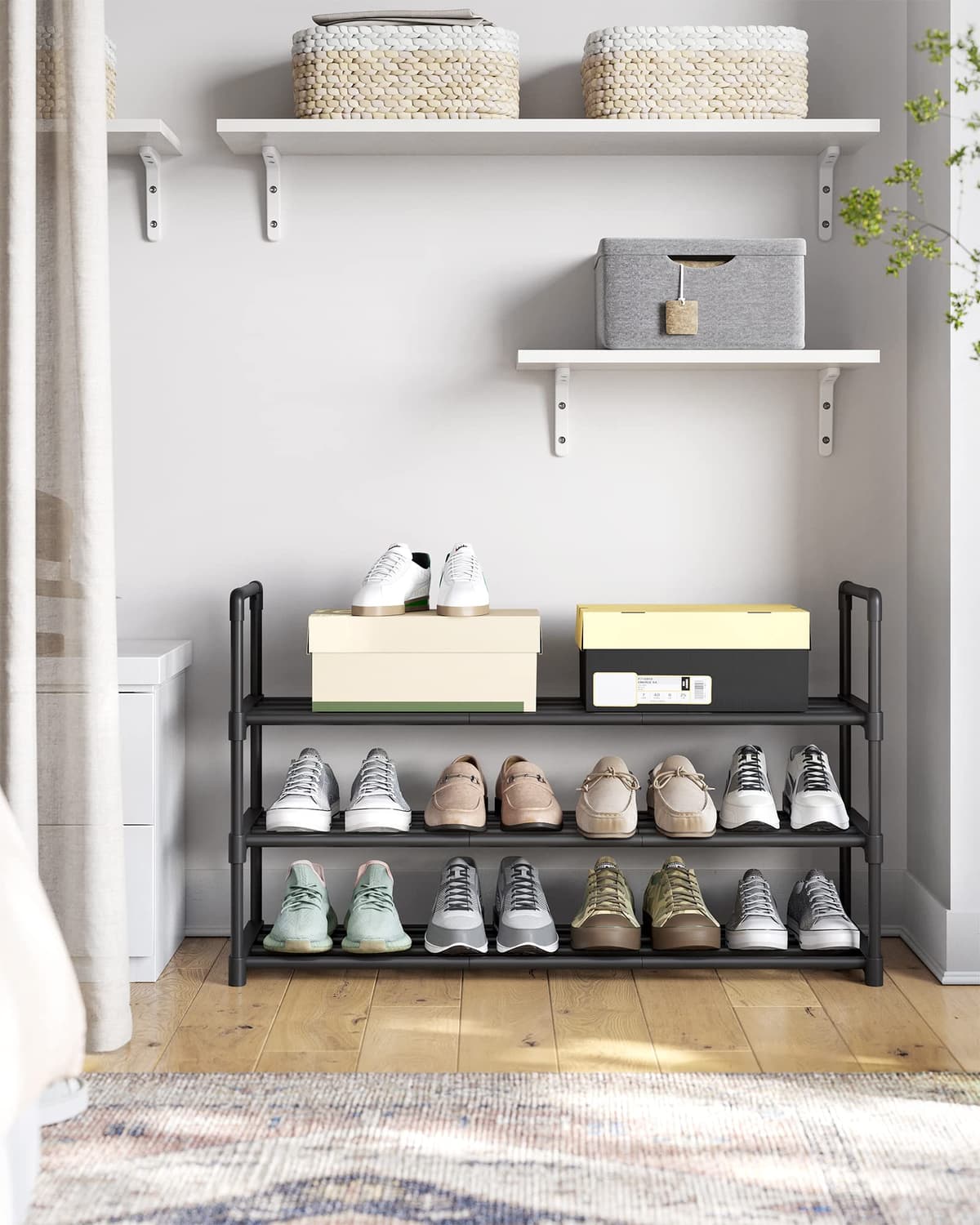 SONGMICS 3-Tier Shoe Rack, Shoe Storage Organiser, Metal Storage Rack, Upright or Upside Down, Fits 16 to 20 Pairs, Stackable, for Hallway, 30 x 92 x 55 cm, Black LSA303B02 — view 8