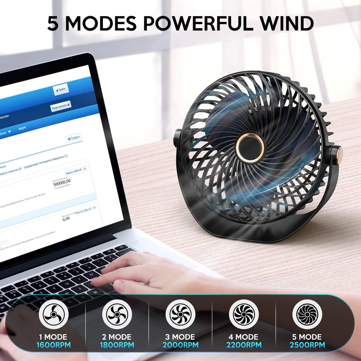 Ventilador de Mesa, Mini Ventilador USB Silencioso, 5 Velocidades,Personal Portátil Ventilador de Escritorio, para Oficina/Hogar/Viajar/Acampar/Cocina, Alimentado por USB (Negro) — view 2