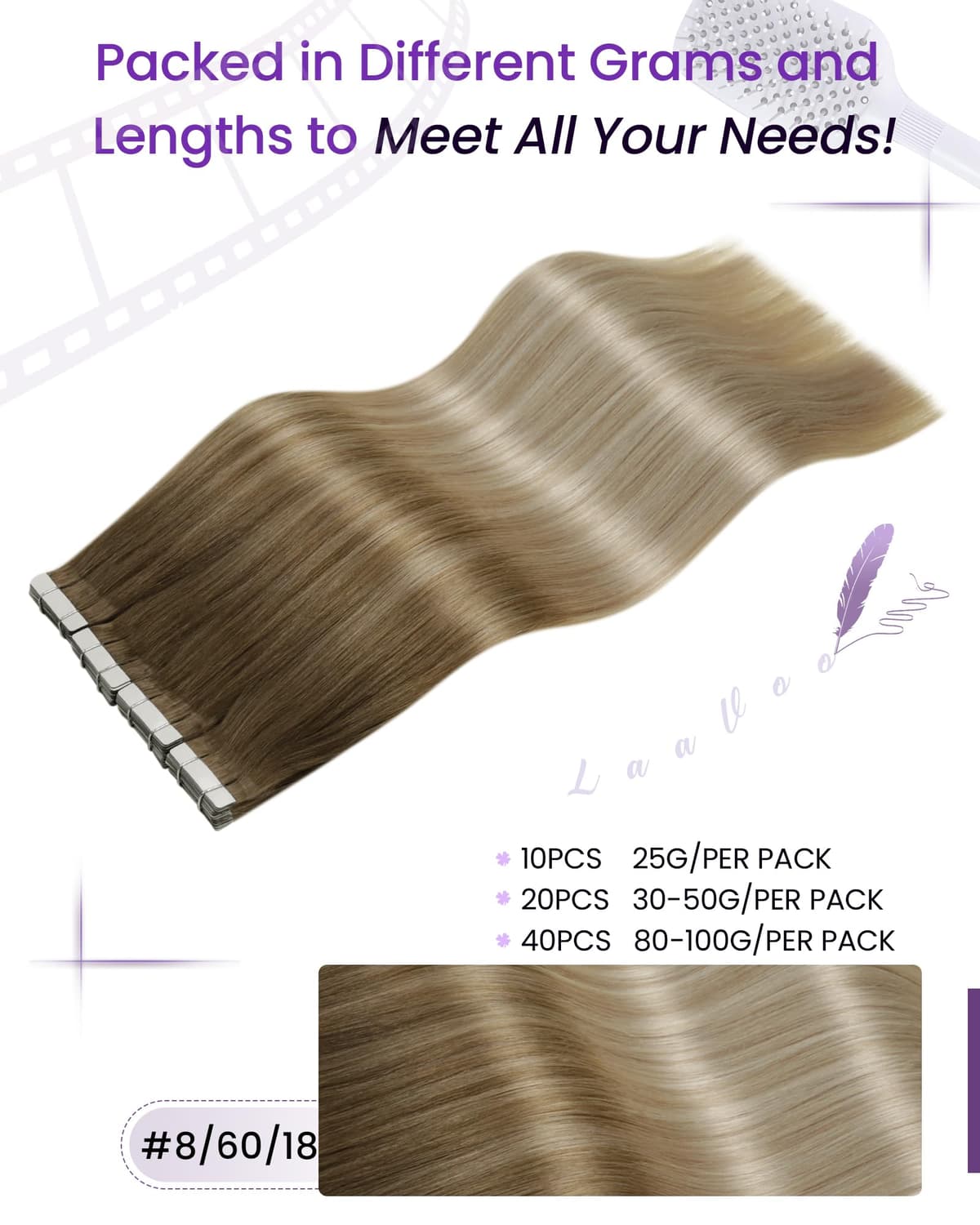 LaaVoo Tape in Hair Extensions Human Hair Blonde Tape Hair Extensions Real Human Hair Invisible Tapes Remy Straight Balayage Brown to Blonde Hair Double Sided Tabs 20pcs 50g 18 Inch #8/18/60 — view 4