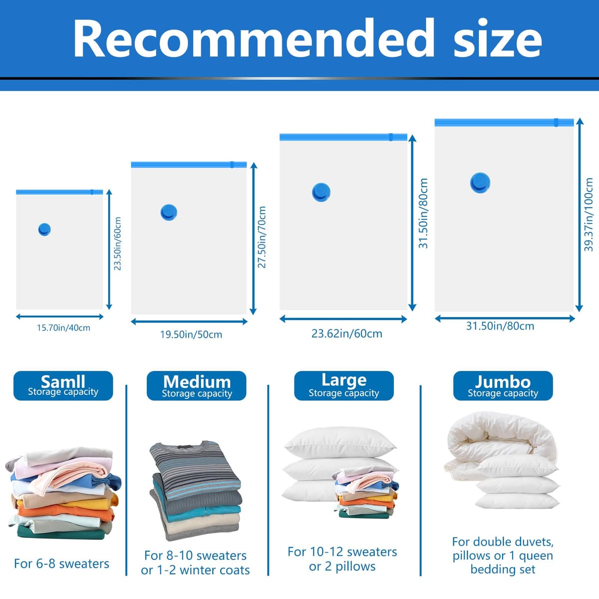 Bolsas de Vacío Ropa con Bomba Eléctrica, 20 Piezas Bolsas Vacío Para Ropa 5XL+5L+5M+5S para Guardar Ropa, Ropa de Cama, Almohadas, Mantas, Edredones, Bolsas ahorradoras de espacio — view 2