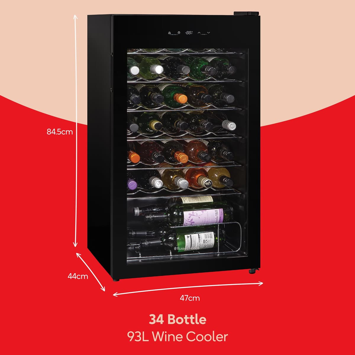 Russell Hobbs Undercounter Fridge 93 Litre/34 Bottle Freestanding Wine & Drinks Fridge Beer in Black LED Light, Drinks & Snacks Glass Door, Energy Efficient, 2 Year Guarantee RH34WC101B — view 2