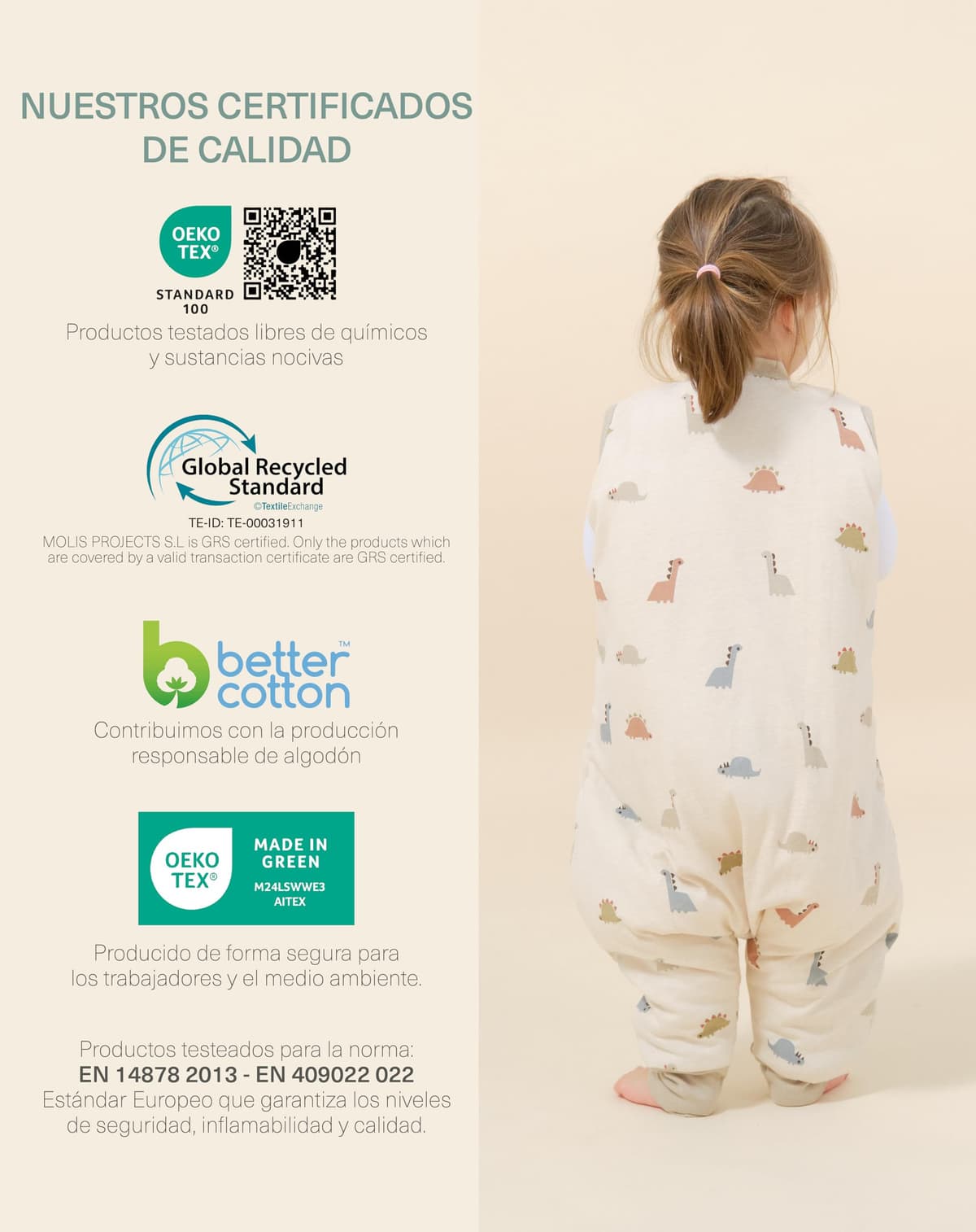 molis&co - Pijama Manta con Pies 2.5 TOG - 80 cm (2 años) - Ideal para Invierno - Suave y cálido - 100% algodón (Oeko-Tex 100) - Dinos — view 6