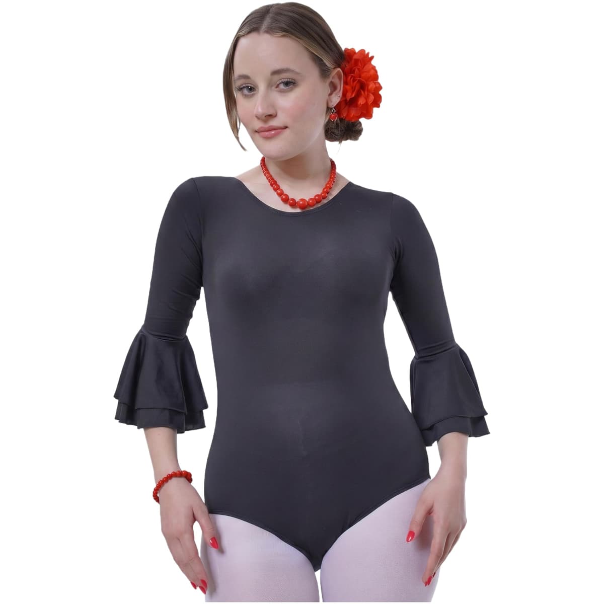 Carnavalife Body flamenco mujer negro maillot danza manga larga con volante, leotardo gimnasia ballet sevillanas, escote redondo, ribete rojo — view 4