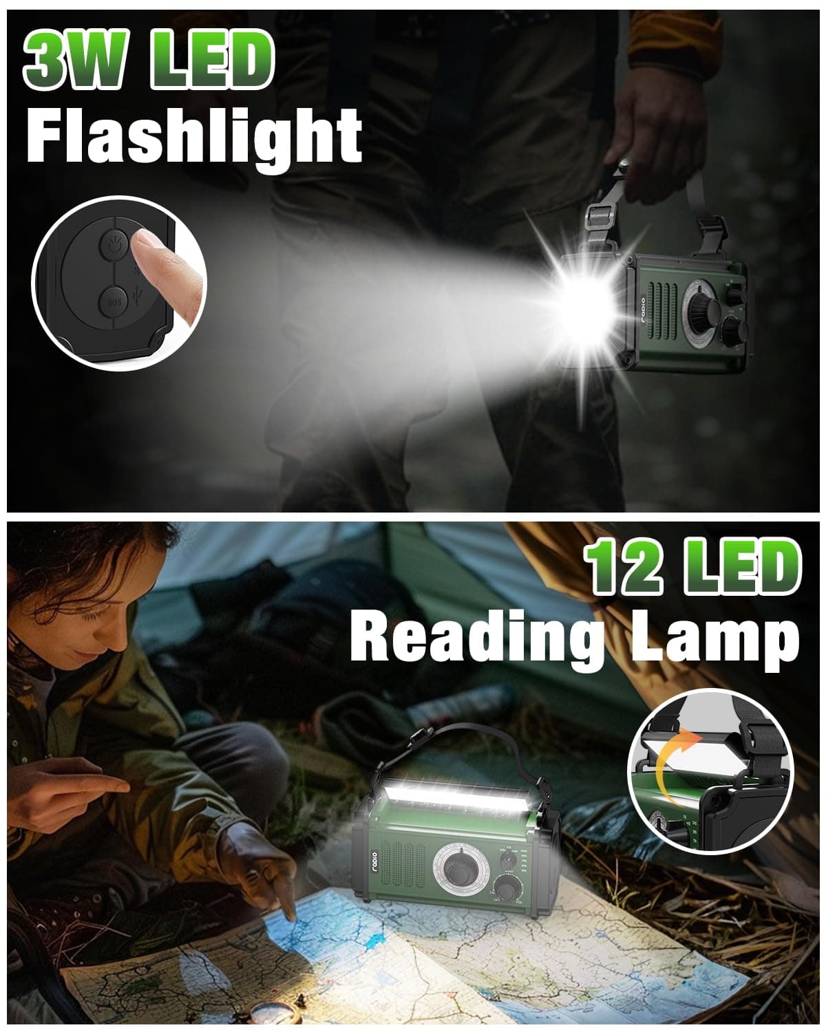 10000mAh/37000mWh Wind Up Solar Radio, AM/FM Hand Crank Emergency Weather Radio, 4 Charging Methods, Polymer Battery, Flashlight & Reading Lamp, SOS Alarm, Phone Charger for Emergency, Green — view 4