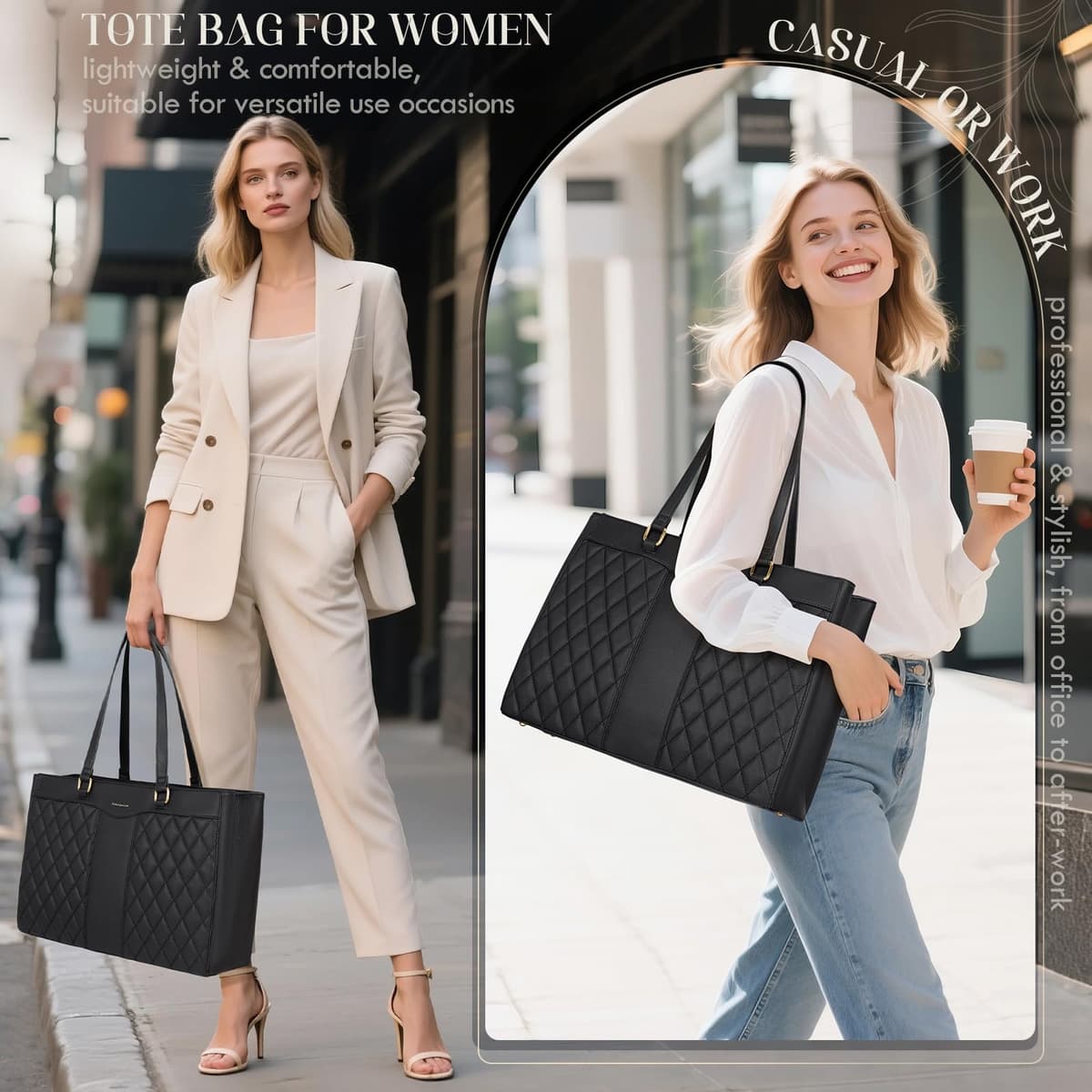 RAINSMORE Laptop Bags for Women 15.6 Inch Work Tote Bags with Clutch, Waterproof PU Leather Ladies Laptop Handbags for Office Business College Black — view 2