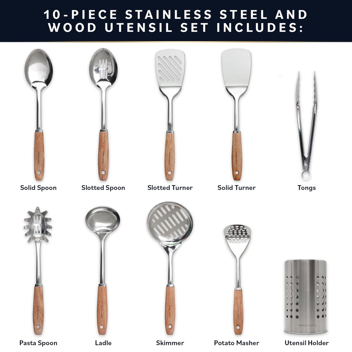 Home Hero Stainless Steel Kitchen Utensils Set - Nonstick Cooking Utensils Set - Heat Resistant Kitchen Essentials & Metal Kitchen Gadgets (10 pcs - Wood and Stainless Steel) — view 3