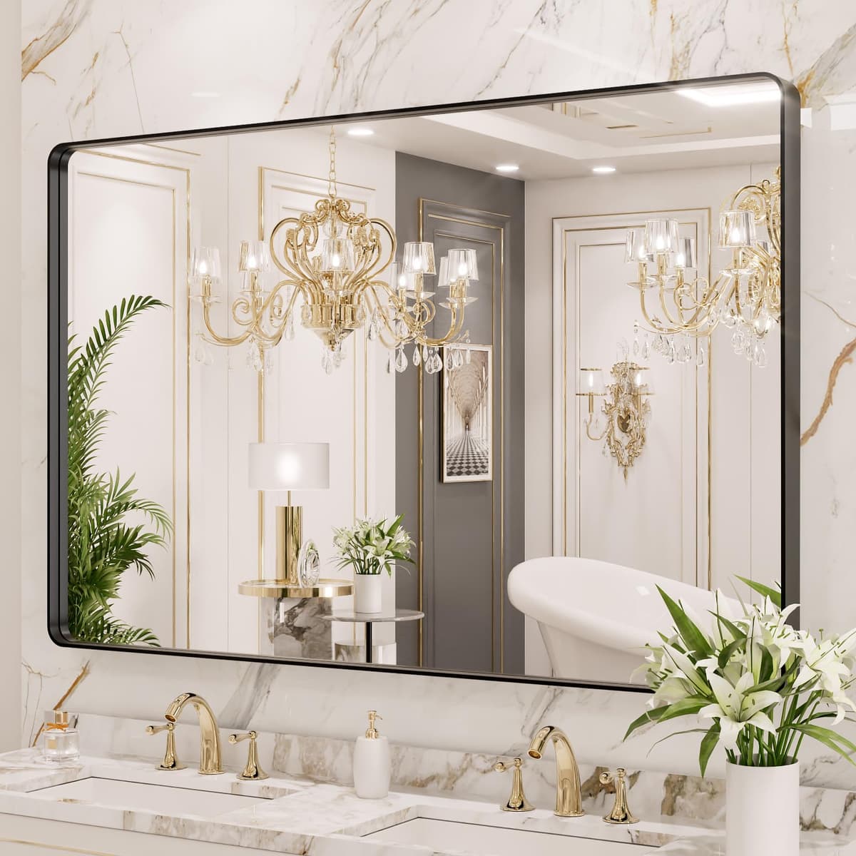 LOAAO 55X36 Inch Black Metal Framed Bathroom Mirror for Wall, Matte Black Bathroom Vanity Mirror Farmhouse, Large Rounded Rectangle Mirror, Anti-Rust, Tempered Glass, Hangs Horizontally or Vertically — view 3